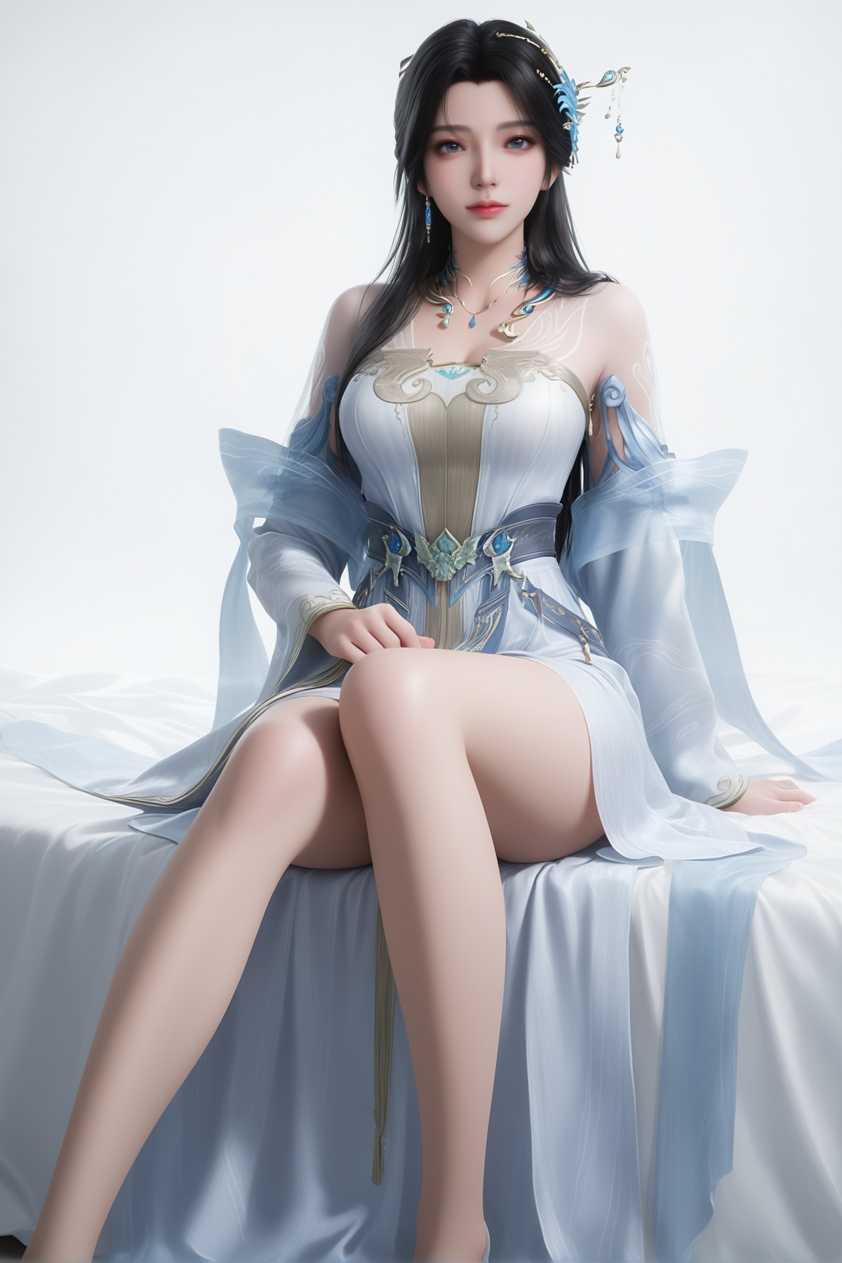 masterpiece,best quality,realistic,cinematic,detail eyes,(ultra-detailed),perfect composition,intricate details,absurdres,detailed face,high quality,high res,8K,<lora:X_anmiaoyi_x_IL3.0:0.8>,black hair,blue eyes,1girl,long hair,breast,medium breast,hair_ornament,dress,bare_legs,sitting,bed,simple background,white_background,looking_at_viewer,
