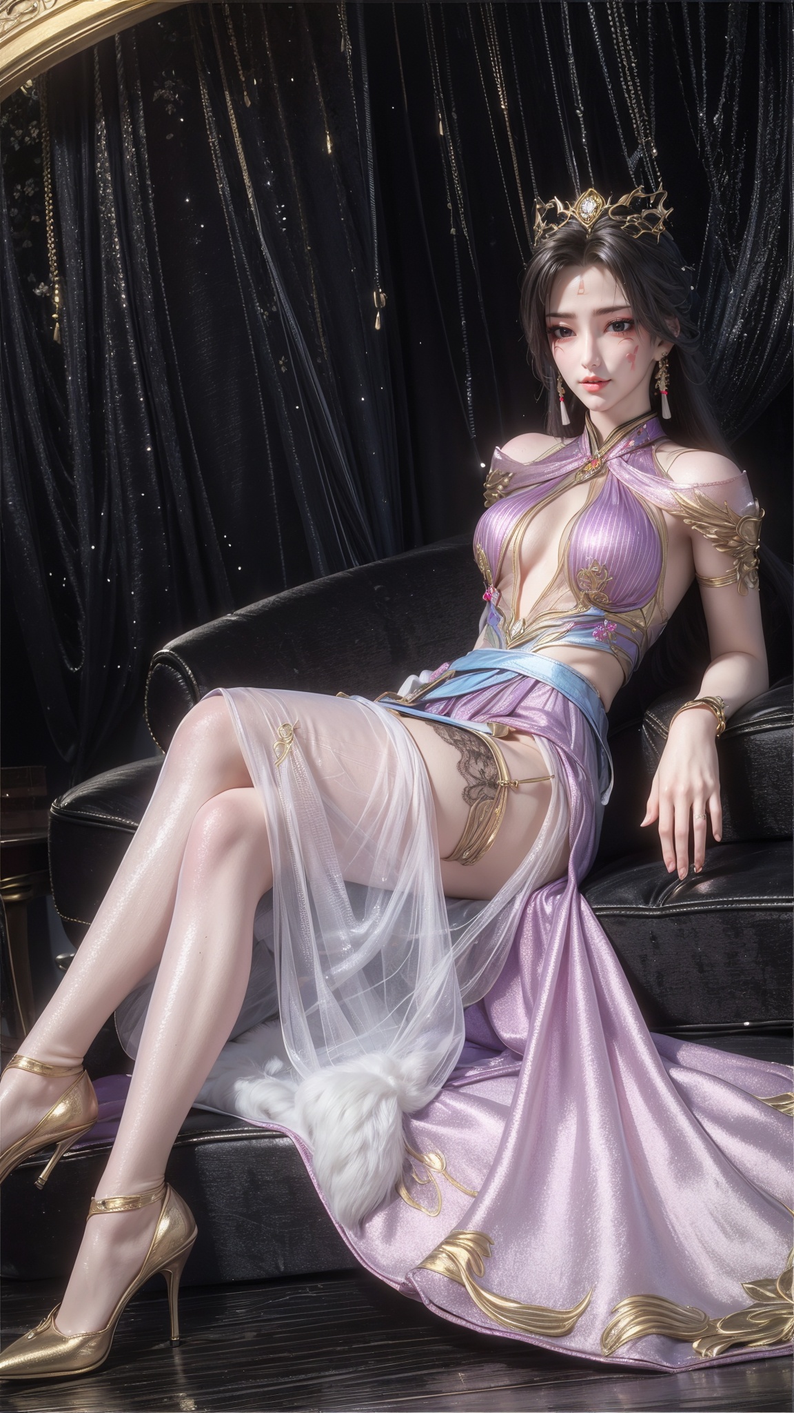 1girl,long hair,solo,thighhighs,looking at viewer,white thighhighs,blue eyes,full body,jewelry,red lips,earrings,sleeveless,sunlight,lips,hair ornament,day,light particles,(ultra-detailed, highres, extremely detailed,Exquisite Craftsmanship,High-Resolution Beauty,Unparalleled Artistic Quality),(Stunning Composition),(Photorealism),(Breathtaking Textures),(Superb Clarity),(Impressive Depth),(Masterful Brushwork),(Breathtaking,Artistic Precision,Unparalleled Artistic Quality,Immersive Quality),(Immersive Quality),masterpiece,illustration,extremely delicate and beautiful_CG,unity,(8k wallpaper),(colorful),(Photorealistic Precision),(Rich Dynamic Range),(Amazing,Incredible Clarity),(official art),(HRD, HUD, 8K),(glossy skin),(colourful),(Exquisite Visuals),(Vivid Colors),(Masterful Color Rendering),(Intricate Details),(perfect soft tender delicate white skin:1.2),(bright pupils:1.2),masterpiece,best quality,highly detailed,hs,mhxy,<lora:add_detail:1>,<lora:皮肤质感调整器:1>,full_shot,(skirt:1.5),masterpiece photo,beautiful girl,detailed face,model shot,romantic,perfect skin,pale,realistic,surprise,perfecteyes,shiny skin,straight_hair,(black lace stockings:1.5),(standing:1.2),(high_heels:1.3),(beach:1.3),(ocean:1.3),(flowers:1.3),(big tree:1.3),(cocohore:1.3),<lora:告白-百炼成神司妙玲_V1:0.6>,(facial mark:1.5),crown,jewelry,black hair,earrings,long hair,hair ornament,closed mouth,bracelet,sash,purple dress,chinese clothes,(fur trim),