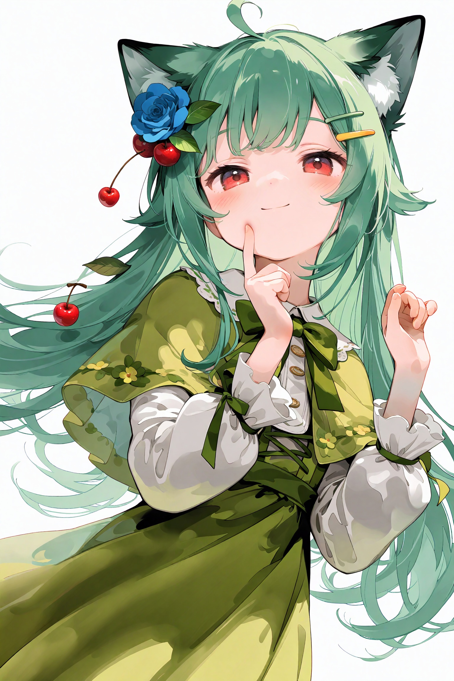 masterpiece,very aware,highres,absurdres,newest,best quality,loli,petite,high quality,chromatic_aberration,cinematic_angle,dutch angle, //,1girl, solo, long hair, looking at viewer, blush, smile, bangs, hair ornament, red eyes, white background, dress, bow, ribbon, animal ears, twintails, closed mouth, hair ribbon, flower, frills, food, green hair, hairclip, hands up, capelet, fruit, rose, index finger raised, hand on own face, green bow, blue flower, green dress, hand on own cheek, food-themed hair ornament, blue rose, cherry, green capelet, cherry hair ornament<lora:lp45up1-000009:0.8>