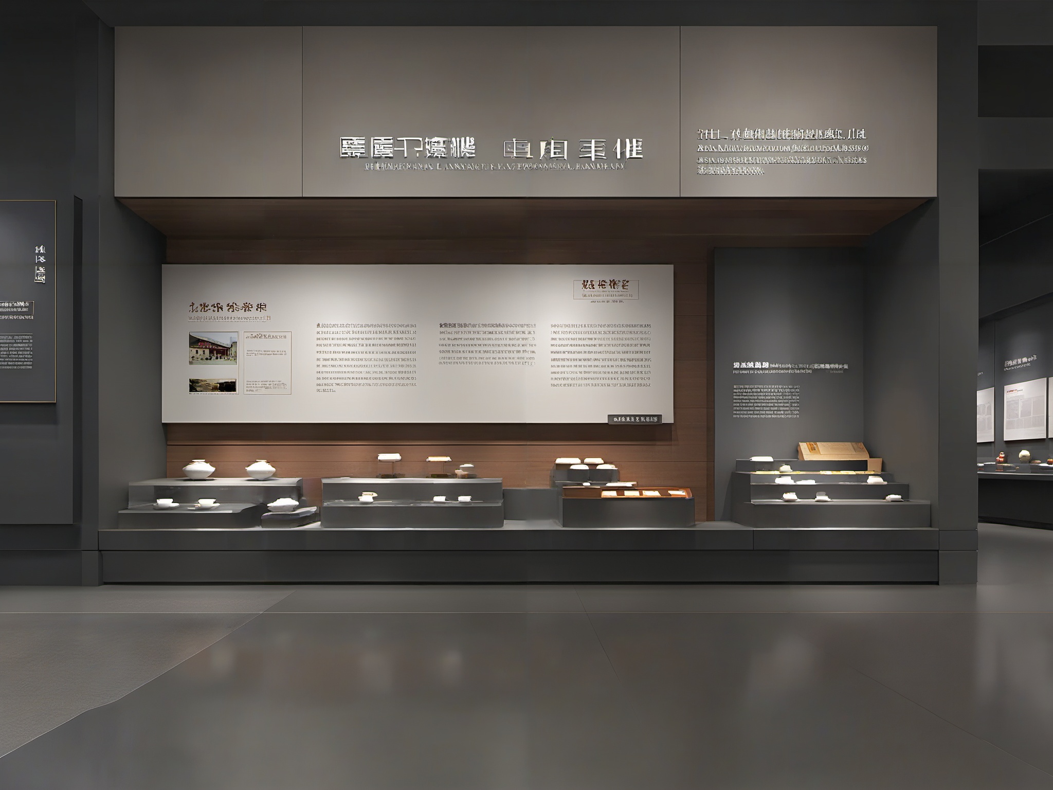 BOWUGUANkongjian,Dark walls,grey floors,square panels,dark Spaces,window booths,square booths,masterpiece,High quality,4K,professional lighting,VRAY rendering,
