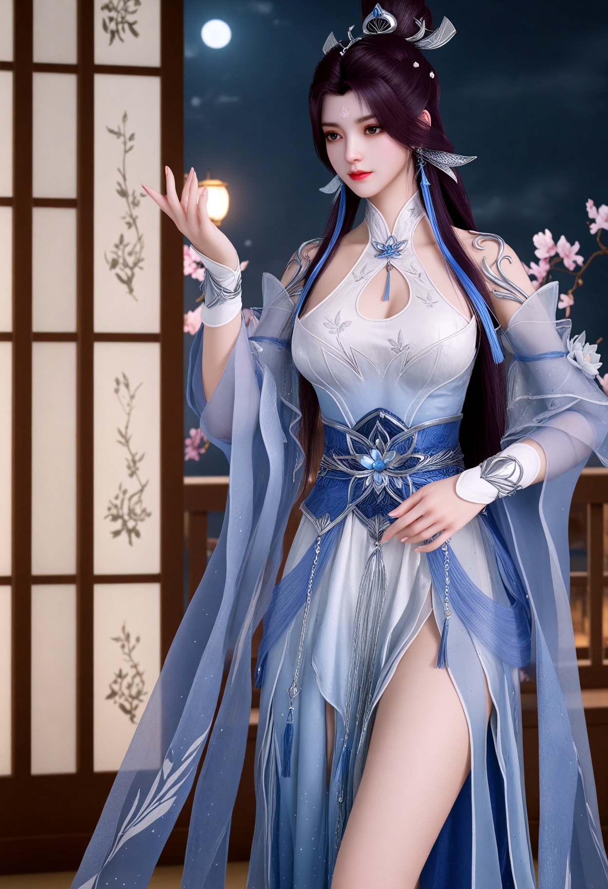 upper_body,(gigantic breasts:0.6),(slender:1.3),(looking_at_viewer:1.1),(masterpiece:1.1),(best quality:1.2),(intricate details),(smog:1.3),(Dark room:1.3),(dim lighting:1.3),<lora:YQ_Illustrious光辉v5_绫清竹新服装_V1:0.8>,q1528437228,solo,1girl,long_hair,dress,hair_ornament,black_hair,jewelry,hair_bun,white_dress,barefoot,earrings,single_hair_bun,sash,purple_hair,anklet,brown_hair,clothing_cutout,bare_shoulders,facial_mark,bare_legs,detached_sleeves,blue_dress,cleavage_cutout,ponytail,chinese_clothes,forehead_mark,tattoo,flower,see-through,realistic,long_sleeves,black_eyes,cleavage,hanfu,armor,gloves,tassel,elbow_gloves,masterpiece,(best quality),(intricate details:0.9) BREAK (intricate details:0.9),(realistic skin:1.2),masterpiece,best quality,newest,absurdres,hiahres,