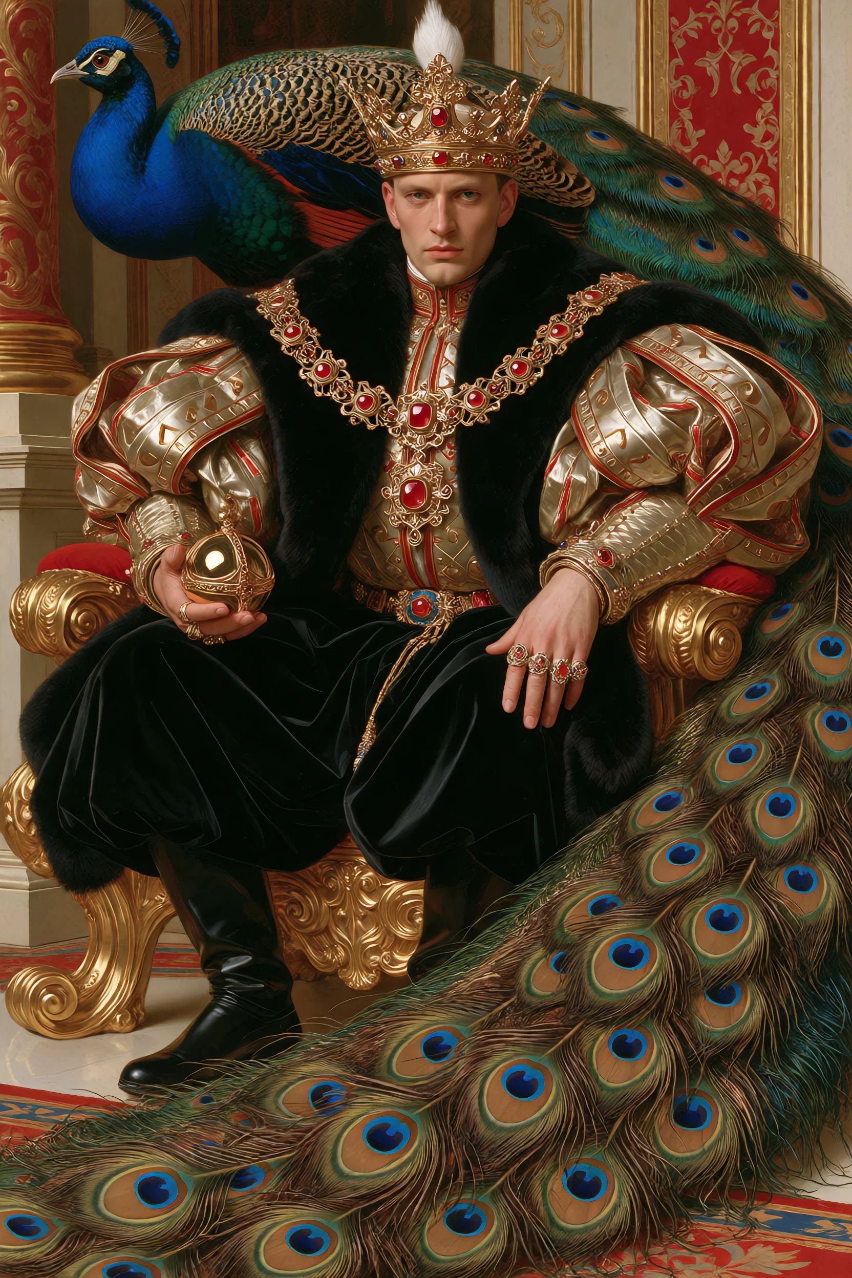 sacredmenag,  an ***** king seated upon a fantastically elaborate golden throne shaped around the spread tail of a peacock...