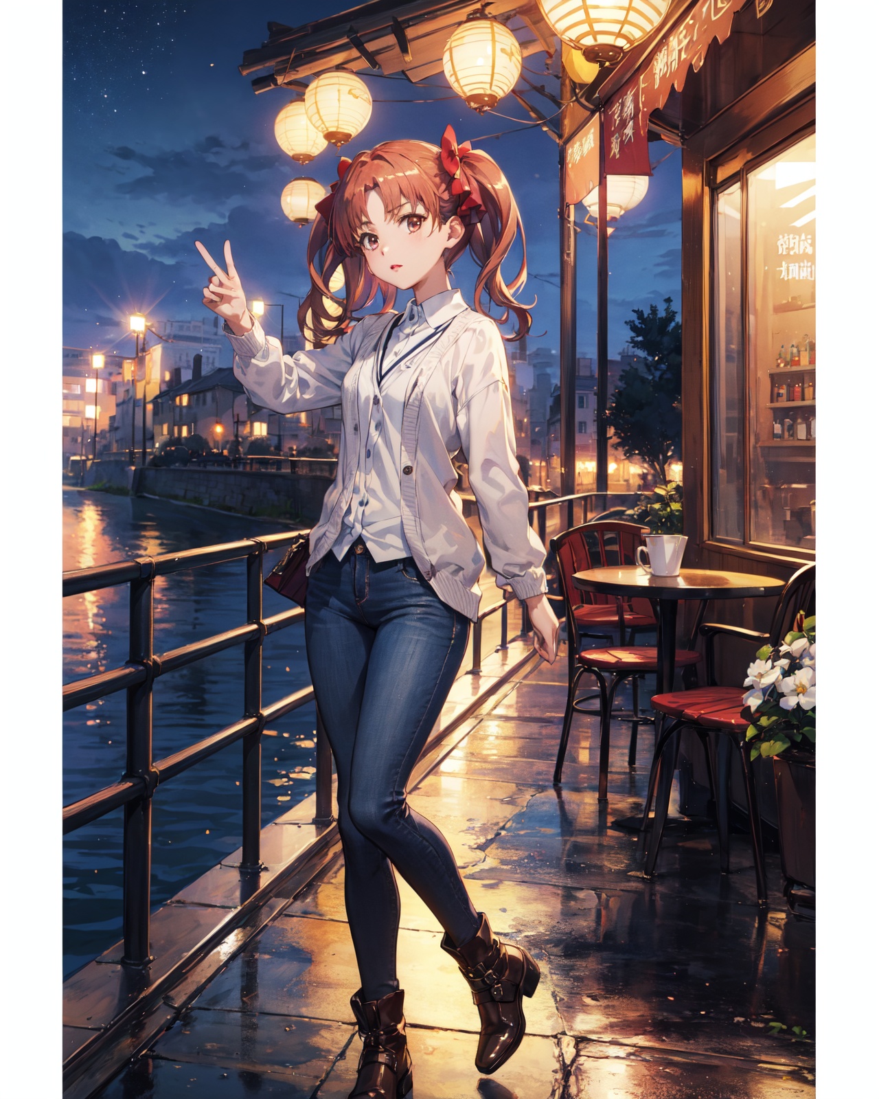<lora:Kuroko-000003:0.8>,Kuroko CYQL,1girl,looking at viewer,solo,long hair,twintails,brown hair,brown eyes,bow,hair bow,wavy hair,(Knit_cardigan:1.4),(Skinny_jeans:1.3),(Ankle_boots:1.2),(Coffee_shop_corner_background:1.4),(happy:1.2),beautiful face,beautiful eyes,glossy skin,shiny skin,(profile,front view,head tilt:1.2),outstretched hand,Canal, Lanterns, Dusk, Boat ride, Romantic ambiance,Magnolias,beautiful detailed sky,beautiful detailed glow,(English text:1.3),(border:1.5),posing in front of a colorful and dynamic background,(masterpiece, best quality, beautiful and aesthetic:1.3),contrapposto,female focus,fine fabric emphasis,wallpaper,fashion,Lipstick,depth of field,intricate_detail,finely_detailed,fine_fabric_emphasis,(glossy),<lora:增强减少细节add_detail:0.4>,