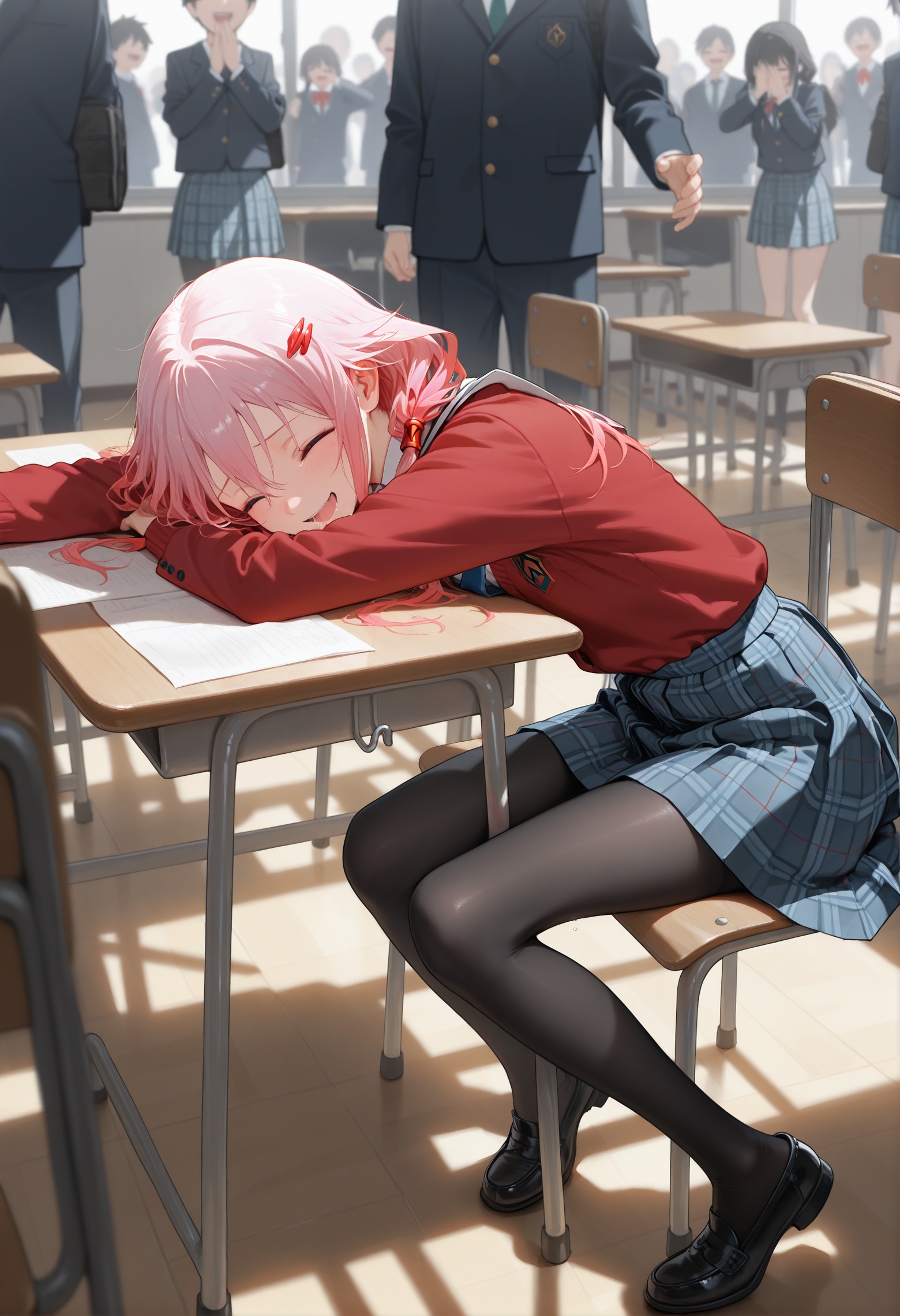 masterpiece,best quality,amazing quality,very aesthetic,absurdres,newest,Yuzuriha Inori,1girl,classroom,lying on the table,head tilted,school uniform,plaid skirt,black_pantyhose,sit on a chair,face on the table,eyes closed,saliva flowing on the table,crowds,laughing,