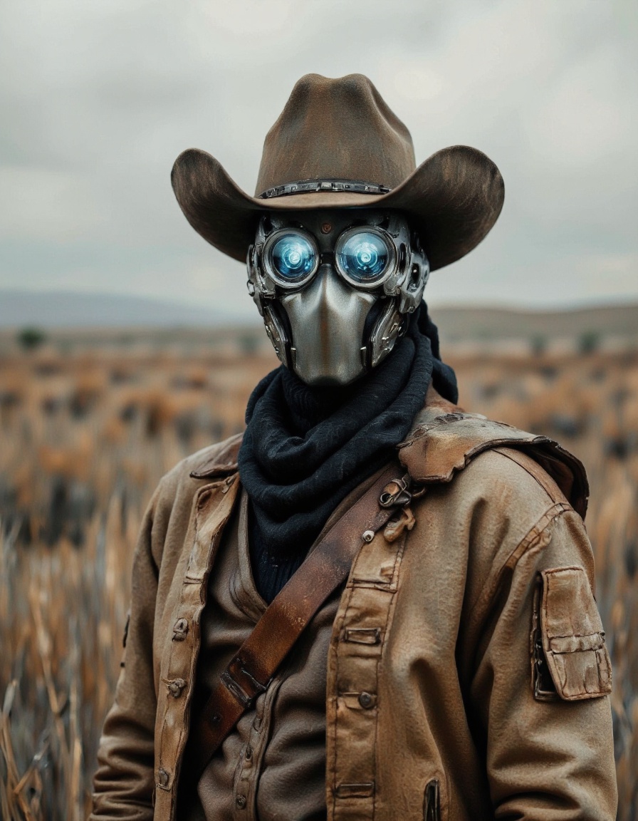 SentinelBot. This is a digitally rendered photograph featuring a futuristic cowboy in an expansive,  desolate landscape. T...