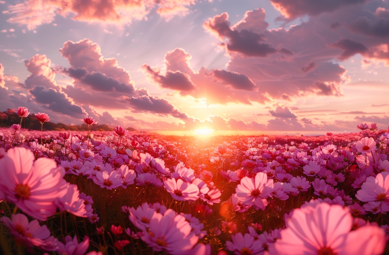 Flower sea,masterpiece,charming visual effects,dreamy world,depth of field,still life,Realistic,flower,outdoors,sky,cloud,no humans,ocean,sunlight,cloudy sky,scenery,sunset,sun,horizon,field,flower field,