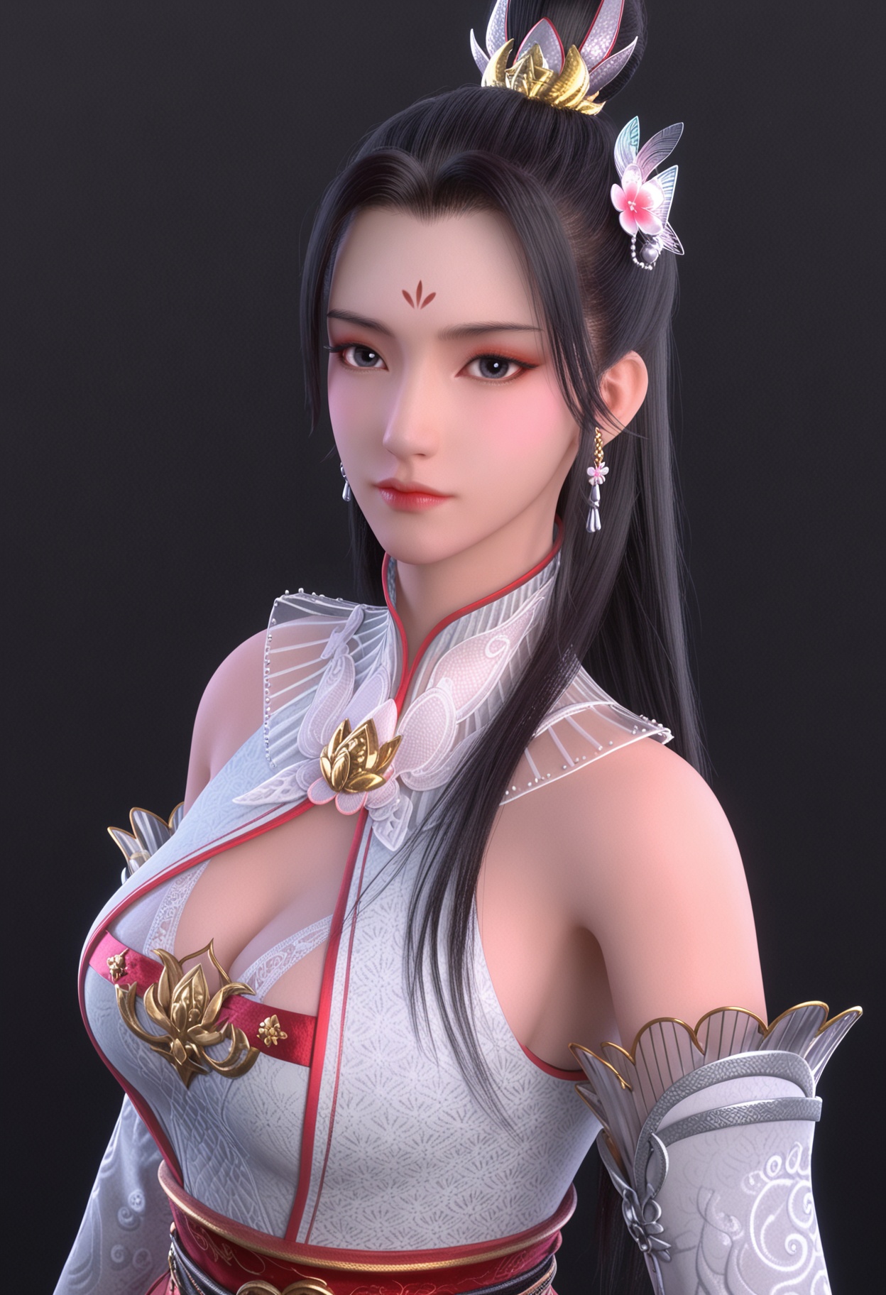 score_9,looking_at_viewer,upper body,(large breasts:0.8),1girl,solo,long hair,black hair,jewelry,earrings,dress,hair ornament,forehead mark,realistic,closed mouth,white dress,bare shoulders,chinese clothes,detached sleeves,hair bun,clothing cutout,cleavage cutout,high heels,(simple background,pure black background,black background:1.1),perfect_anatomy,<lora:QQSponybaihehuaiV1:0.8>,