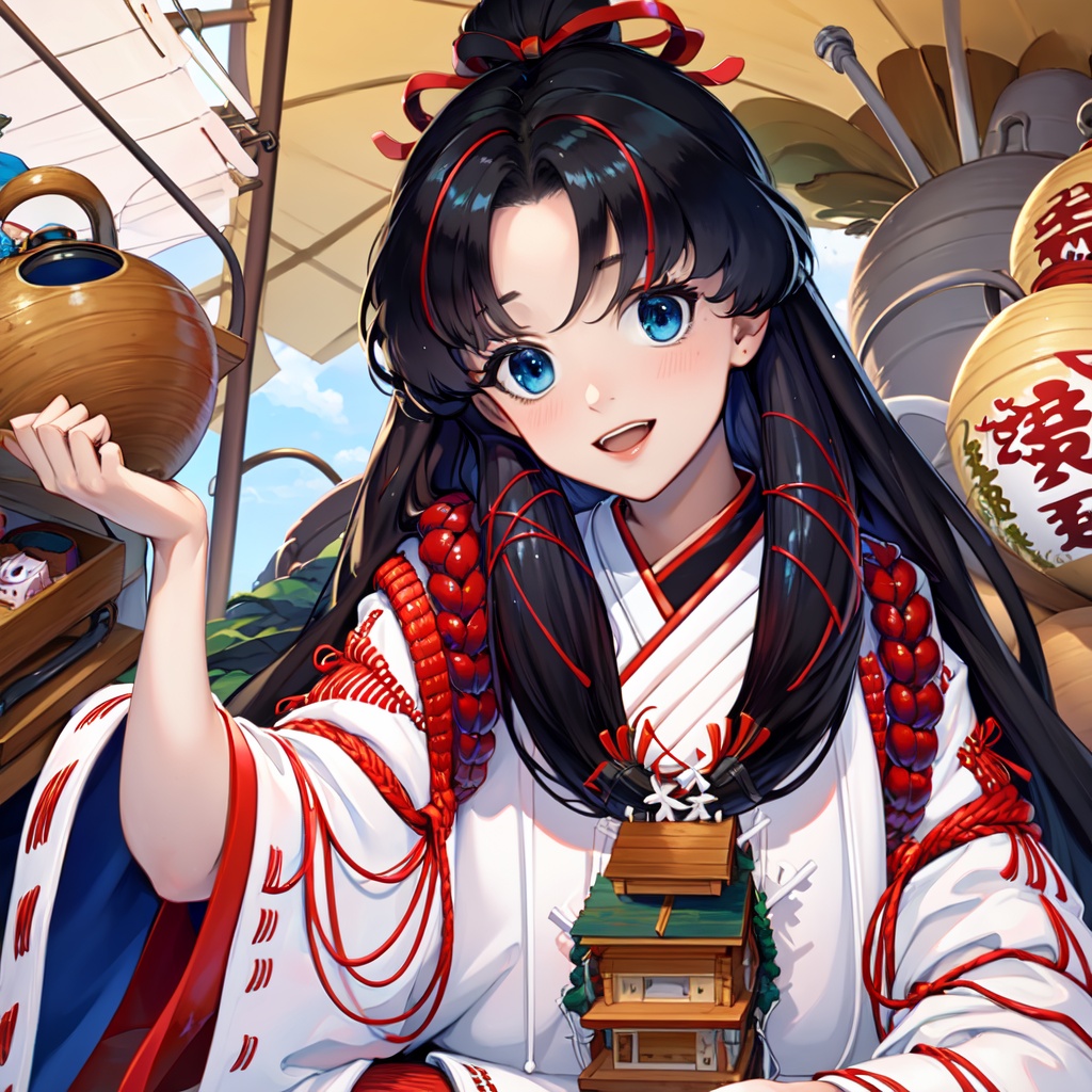 ((masterpiece)),(((best quality))),((ultra-detailed)),(highly detailed),extremely detail description,ultra-fine painting,((illustration)),professional,vivid colors,highres,sharp focus,cowboy shot,front view,straight-on,fcPortrait,qingxingdeng,1girl,mature female,milf,,looking at viewer,smile,seductive smile,sexy pose,sexually suggestive,Black hair,long hair,blue eyes,Japanese dress,traditional dress,miko,white dress,red bottom,trousers,wide legs,wide sleeves,bell decoration,house hanging on the chest,