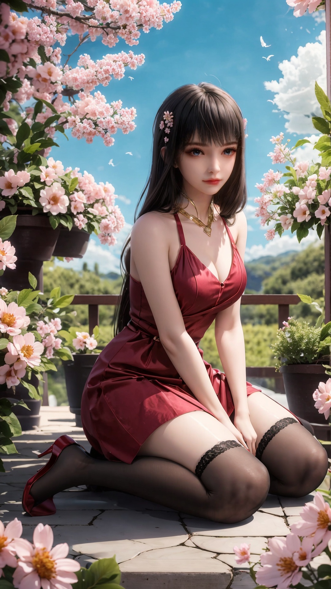 a girl,<lora:hmai_20240411014304:0.8>,above the knee,appear on camera,blue sky,flower,garden,red dress,wariza,