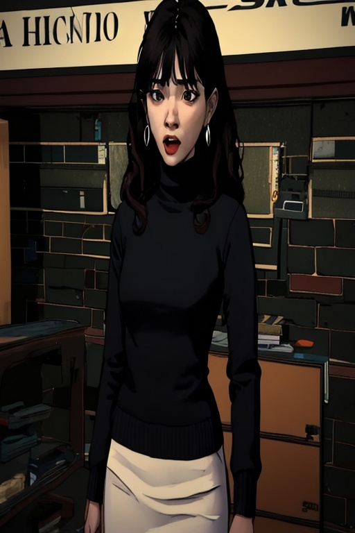 xxzr,<lora:xszr_v1.0:1>,chinese style terrorism,horror comics,1girl,solo,long hair,sweater,black hair,open mouth,looking at viewer,upper body,jewelry,black sweater,earrings,turtleneck,turtleneck sweater,indoors,bangs,wavy hair,