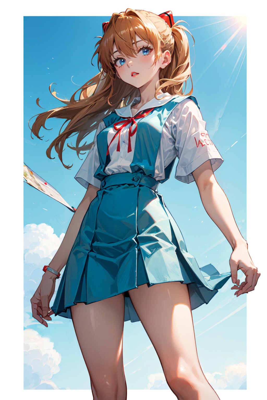 <lora:Asuka-000018:0.8>,Asuka CYQL,1girl,looking at viewer,solo,long hair,blue eyes,interface headset,brown hair,orange hair,hair between eyes,two side up,medium breasts,(Asuka School,tokyo-3 middle school uniform,shirt,skirt,white shirt,blue skirt,ribbon,neck ribbon,red ribbon,short sleeves,suspender skirt,hair ornament),(teardrop:1.2),beautiful face,beautiful eyes,glossy skin,shiny skin,(bust,from_below,standing:1.2),hand in panties,Traditional garden, Kite flying, Afternoon sun, Breeze, Joy,Jasmine,beautiful detailed sky,beautiful detailed glow,(English text:1.3),(border:1.5),posing in front of a colorful and dynamic background,(masterpiece, best quality, beautiful and aesthetic:1.3),contrapposto,female focus,fine fabric emphasis,wallpaper,fashion,Lipstick,depth of field,intricate_detail,finely_detailed,fine_fabric_emphasis,(glossy),<lora:增强减少细节add_detail:0.3>,
