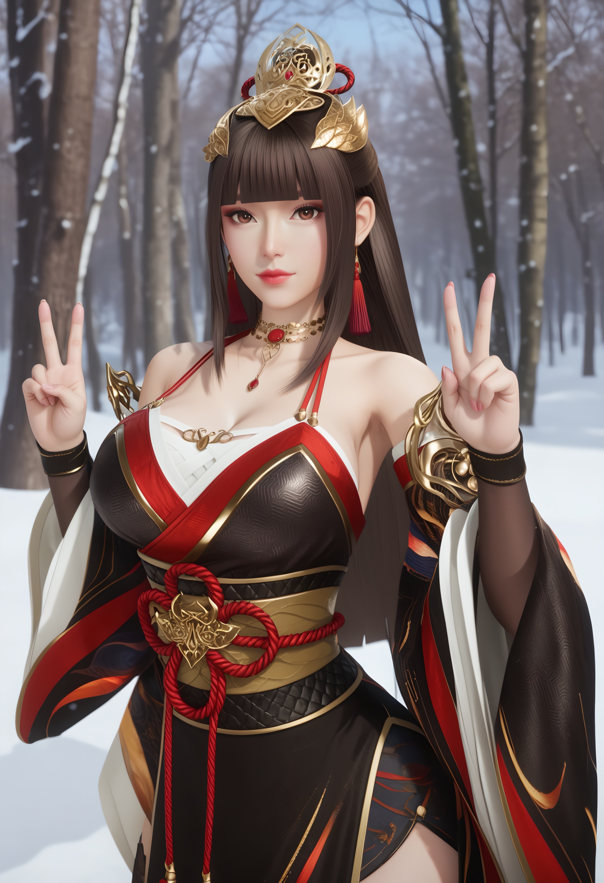 (score_9),realistic,looking at viewer,front view,<lora:幽亦寒-apony:0.8>,youyihan,1girl,solo,long hair,dark brown hair,blunt bangs,hair ornament,tassel earrings,brown eyes,bare shoulders,shoulder armor,red gem,japanese clothes,necklace,detached sleeves,wide sleeves,obi,waist belt,cowboy shot,side slit,thighhighs,(black thighhighs),see-through thighhighs,bare hand,(double v),(glamor:1.2),(mature_female),collarbone,BREAKgame cg,in winter,snow,ice,4K ultra HD,high detail,high contrast,depth of field,