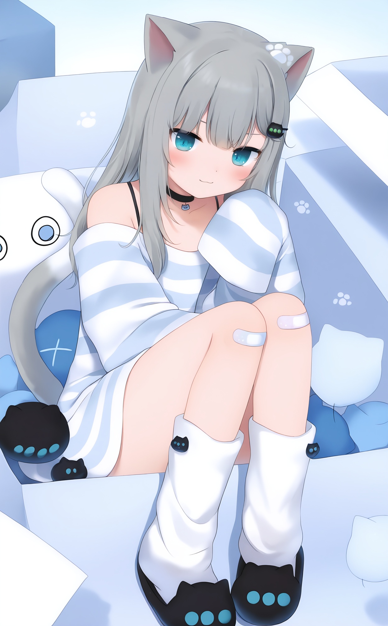 masterpiece,absurdres,best quality,loli,petite,high quality,//,1girl,animal_ears,cat_ears,grey_hair,virtual_youtuber,cat_girl,cat_tail,sleeves_past_wrists,tail,striped_clothes,sleeves_past_fingers,loose_socks,solo,box,blue_eyes,long_hair,socks,cardboard_box,striped_shirt,long_sleeves,looking_at_viewer,bandaid_on_leg,:3,off_shoulder,shirt,oversized_clothes,bandaid,slippers,choker,hair_ornament,closed_mouth,blush,black_choker,oversized_shirt,eyebrows_hidden_by_hair,black_footwear,striped_sweater,smile,white_socks,sitting,bandaid_on_knee,in_container,in_box,knees_up,bare_shoulders,//,//,<lora:gancheng2——【noob】hans:1>,