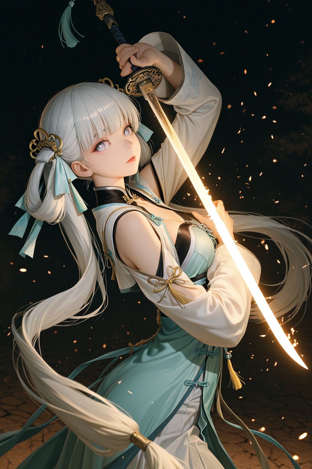 masterpiece,best quality,amazing quality,very aesthetic,absurdres,newest,highres,1girl,jinhsi (wuthering waves),from side,beautiful detailed eyes,dynamic pose,dark,warm light,looking at viewer,hanfu,holding weapon,eyes glow,weapon i cover half of my face in front of my chest,