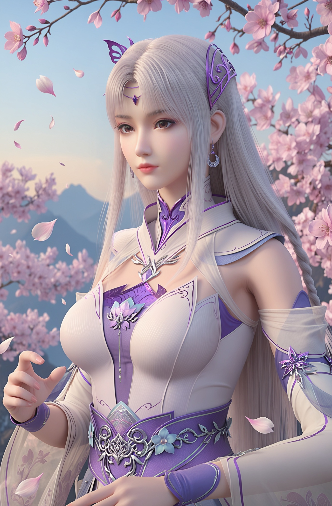 (upper_body:1.1),looking_at_viewer,fantasy,dreamlike,Pastel Colors,hyper realistic,southeast asia,aestheticism,beautiful detailed sky,chinese mythology,wonderland,peach blossom,falling petals,smog,yunxia,dynamic pose,<lora:Q_li光辉v5_xiaoyixian_V1:0.8>,1girl,solo,long hair,hair ornament,dress,realistic,jewelry,earrings,brown eyes,see-through,braid,sash,parted bangs,purple eyes,detached sleeves,massive breasts,