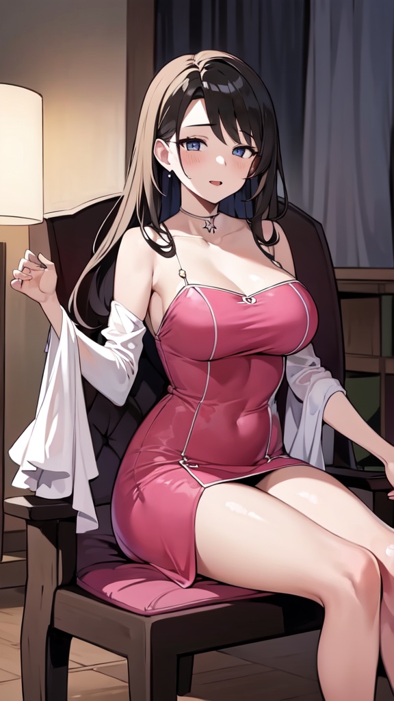 1 Girl Solo Long Hair Brunette Looking at the Audience Breasts Jewelry Pink Dress Chair Translucent 8K,