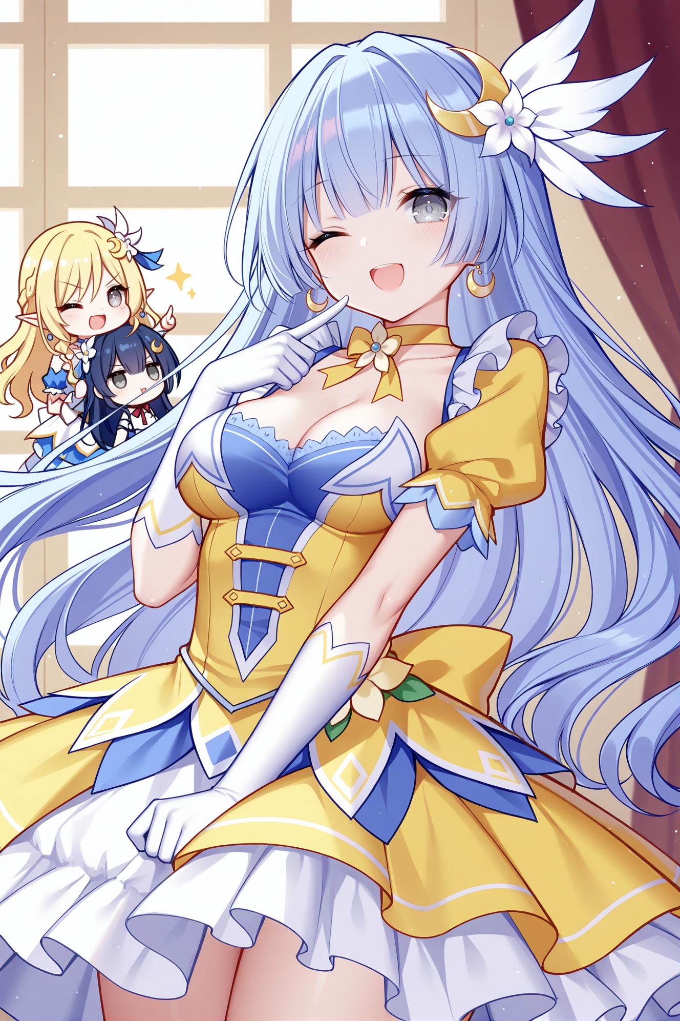 masterpiece, best quality, newest, absurdres, highres,(quan \(kurisu tina\):0.6, ),(chen bin:0.5),(rimuu:0.5),(mignon:0.5),(sheya:0.5),izayoi miku(elf), 1girl, long hair, crescent hair ornament, hair ornament, blue hair, grey eyes, choker, elbow gloves, yellow dress,  puffy short sleevespointing at viewer, smile,open mouth, one eye closed, <lora:izamikuXLNAI:1>