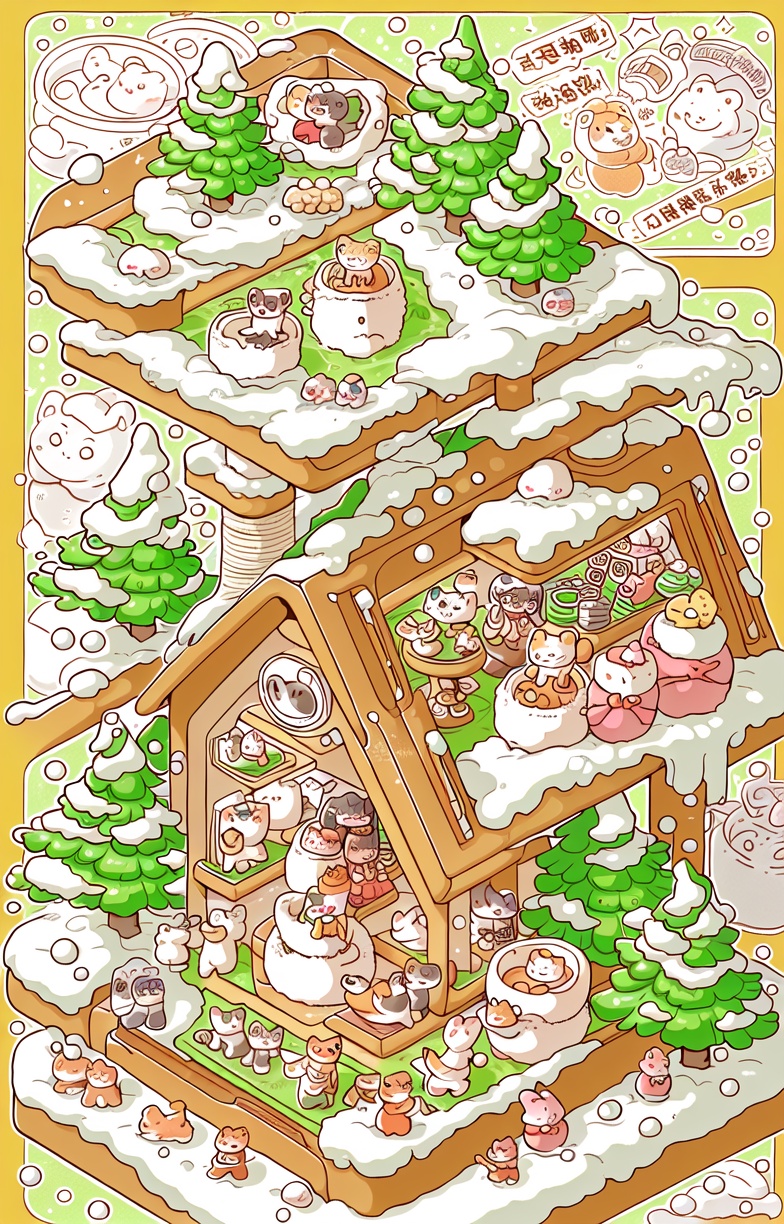snow,cat,snowman,hat,tree,food,isometric,rabbit,scarf,cup,holding,closed eyes,yellow border,winter,christmas,bear,smile,table,snowing,red scarf,multiple girls,artist name,<lora:插画:0.8>,