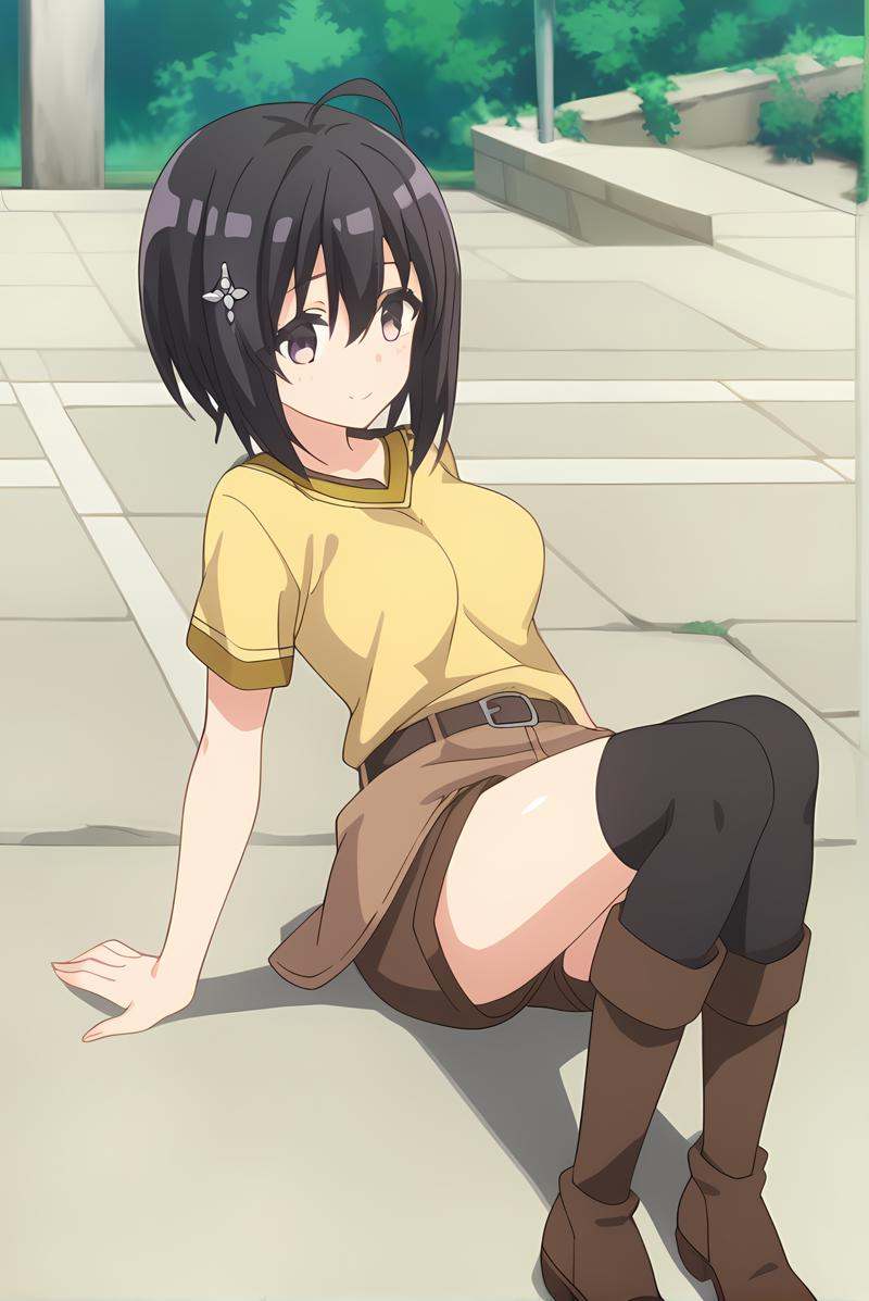 (yellow shirt born skirt brown shorts black thighhighs brown boots belt),  bof-maple,  black hair on Tensor.Art