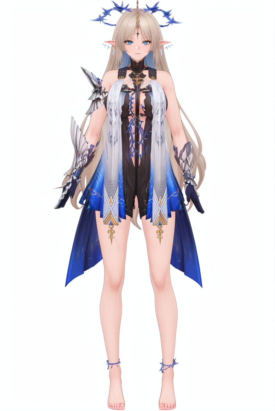 8k,best quality,masterpiece,(ultra-detailed),(high detailed skin),(by nanoless, by misumi \(macaroni\),:0.5),A full-body portrait of a young girl,standing gracefully,pastel art style,high-key lighting,shoujo manga influence,hd quality,delicate details,full body,full shot,standing,looking at viewer,(solo:1.2),simple background,white background,<lora:Cartethyia&Fleurdelys-sd-Tanger-000019:0.8>,Fleurdelys \(wuthering waves\),clothes: Fleurdelys ***** style clothes,large blue levitating spiked circlet,Fleurdelys white and black dress,forehead mark with forehead horn,blue long detached train clothes,1girl,long hair,pointy ears,barefoot,jewelry,mature female,