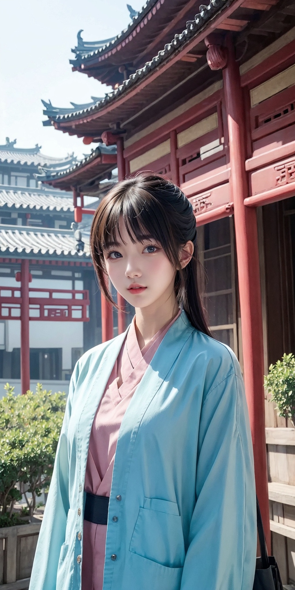 1girl,solo,anime,illustration,looking at viewer,solo,upper body,suburban scenery,east asian,chinese style architecture,