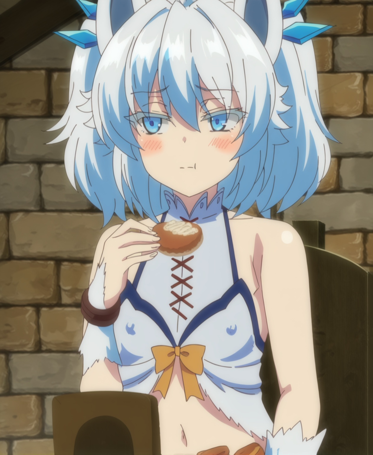 1girl,solo,blush,short hair,blue eyes,holding,animal ears,bare shoulders,upper body,white hair,food,chair,eating,cuffs,:t,bread,brick wall,<lora:pony刹那2.0:1>,(flat_chest:1.2),(nipples:1.2),(Peripheral chest:1.2),(Chest contour:1.2),(((Bare shoulders:1.3))),(navel:1.2),(slim:1.2),**********,nose blush,