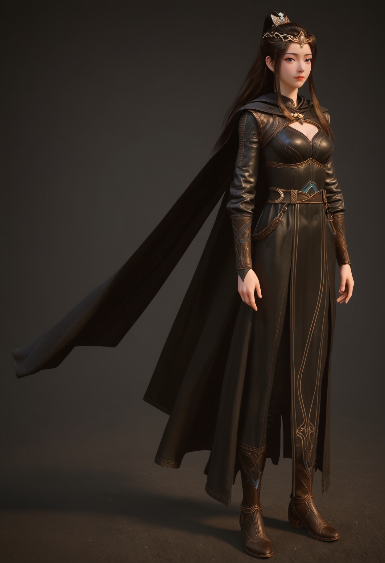 (standing full_body:1.1),score_9,score_8_up,masterpiece,(best quality),intricate details,facing viewer,(looking at viewer:1.1),<lora:YQ_pony_yuanyao_heiyi_V4:0.8>,q1528437228,1girl,solo,long hair,blue eyes,brown hair,black hair,ponytail,hair ornament,dress,cape,long sleeves,tiara,black dress,circlet,belt,black cape,brown eyes,hair bun,boots,BREAK(score_9:1.2),(score_8_up:1.2),masterpiece,best quality,very aesthetic,perfect anatomy,(hourglass),perfect face,(simple background,pure black background,black background:1.1),fair_skin,(shiny_skin:1.1),Ivory_skin,