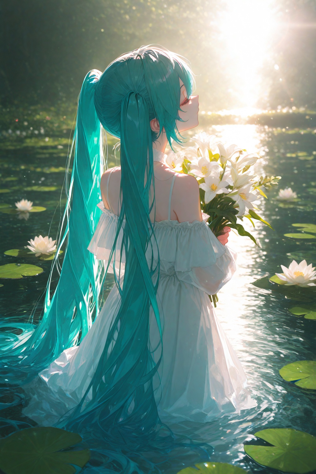 hycg,hysp,dynamic_outline,1girl,solo,long hair,bangs,dress,holding,bare shoulders,twintails,very long hair,closed eyes,flower,water,off shoulder,from behind,white dress,aqua hair,leaf,sunlight,white flower,lens flare,bouquet,off-shoulder dress,holding flower,holding bouquet,lily pad,hatsune miku,(artist:quasarcake:0.6),extreme aesthetic,masterpiece,best quality,backlight,high quality,(Tyndall Effect 1.4),extremely detailed,High Detail,vibrant colors,anime style,cover art,(wanke:0.8),(watercolor \(tira 7:0.8),(lam (ramdayo):0.8),(mochizuki kei:0.8),extreme aesthetic,masterpiece,best quality,good quality,newest,very aesthetic,absurdres,Visual impact,32K UHD,colorful,sharp focus,