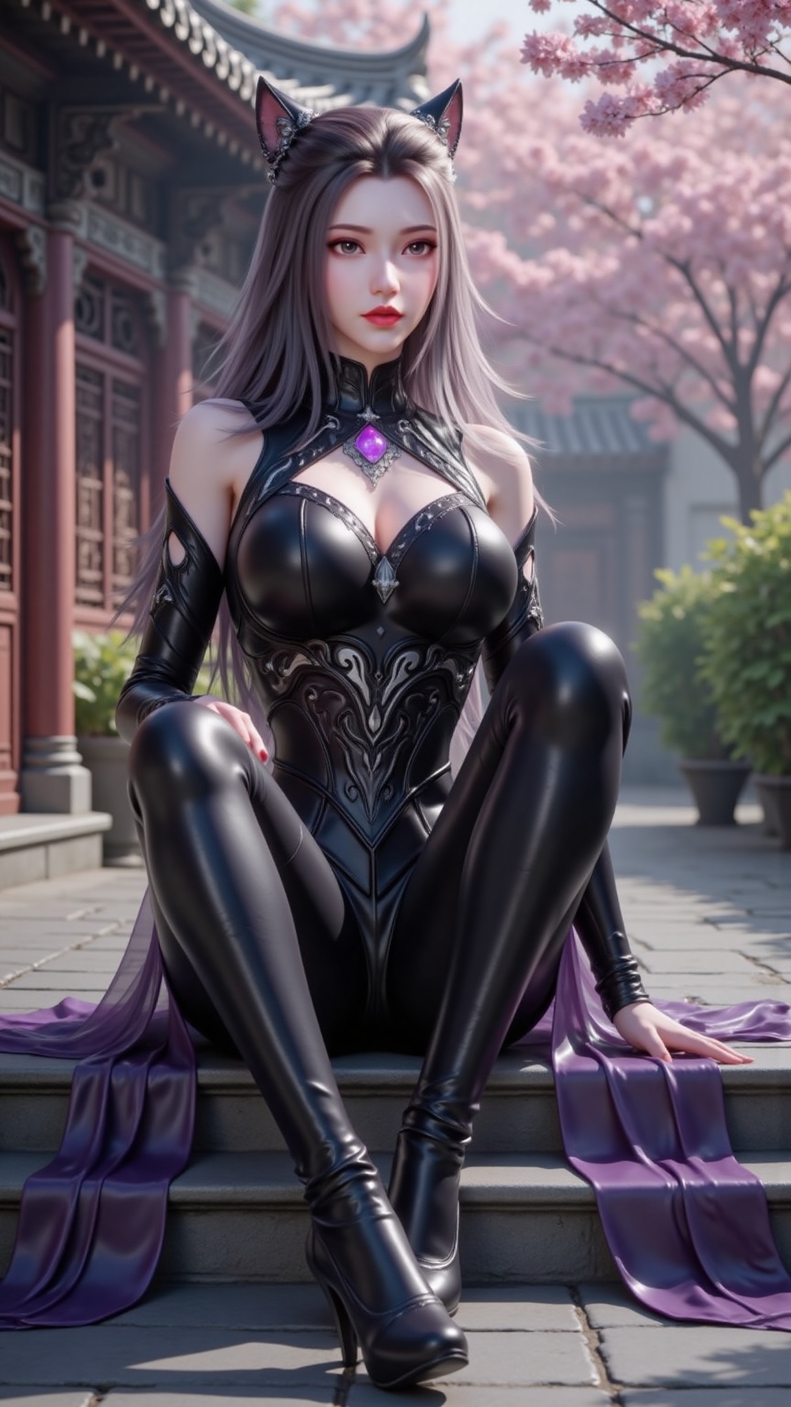Masterpiece, highest quality, movie grade, perfect composition, rich eye details, exquisite facial carving, high quality, high resolution, 8K,1 female character, black gray cat ear hairstyle (silver decoration), wearing purple light ball necklace, cold yellow makeup (red lips, sharp eye makeup), full chest, medium chest circumference, slender legs, facing the camera, clothing: dark cat demon assassin tight armor, with black as the main color, embellished with purple light ball, designed with high collar and deep V slim leather style, with hollow pattern decoration on shoulders and wrists. The material is glossy mecha leather, which combines "cat demon charm" and "assassin's cold sense of technology". Wearing black high heels, posture: sitting posture, body leaning on Chinese stone steps, legs naturally drooping apart, hands resting on the surface of side steps, The spine slightly leans back, the head is straight, eyes straight ahead, neck lines slender, the overall posture lazy stretch, both fairy and relaxed feeling. Shooting angle: head-up angle, which is a vertical whole-body view, and the lens focuses on the whole body and modeling details of the character. This angle clearly shows the level of clothing and the softness of sitting posture. The cherry blossoms and buildings in the background make the main body of the character more prominent. Background: In the Chinese courtyard scene in spring, pink cherry trees are in full bloom on the right side. The sunlight penetrates the flowers to form Tindal effect. On the left side are dark wooden doors and windows and cornices structure, creating a poetic and fairy atmosphere, which is highly consistent with the fairy shape of the characters.