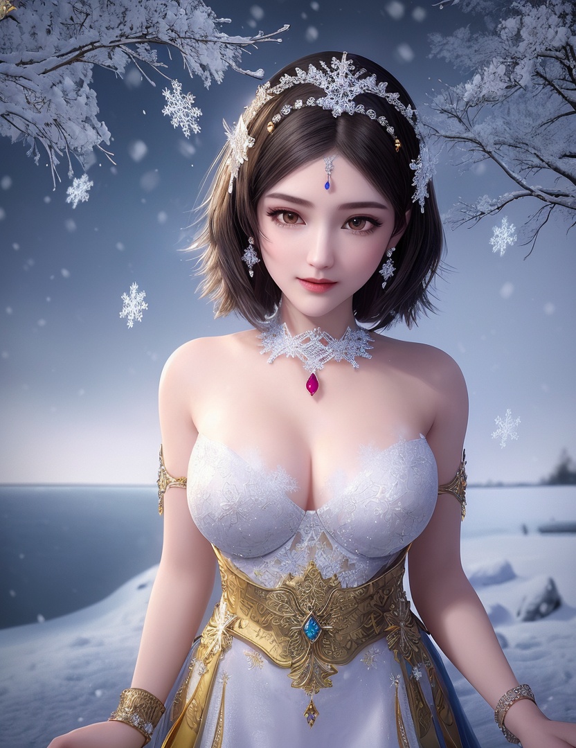 ultra realistic 8k cg, flawless, clean, masterpiece, professional artwork, famous artwork, cinematic lighting, cinematic bloom, perfect face, beautiful face, fantasy, dreamlike, unreal, science fiction,   lace, lace trim, lace-trimmed legwear, luxury, jewelry, diamond, gold, pearl, gem, sapphire, ruby, emerald, intricate detail, delicate pattern, charming, alluring, seductive, erotic, enchanting, hair ornament, necklace, earrings, bracelet, armlet,halo,autumn,((,1girl, pov,best quality, ))  , ((((1girl, solo,outdoors, large breasts,,snowflakes,  snow, snowing,   ))))    <lora:DA_BaiCai:0.6>