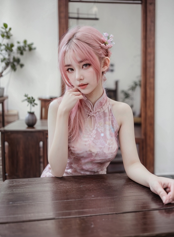 pink qipao,1girl,solo,pink hair,dress,looking at viewer,indoors,head rest,cup,hair ornament,blurry,sleeveless,table,flower,hair flower,long hair,hair bun,sleeveless dress,realistic,<lora:pink qipao_20231204234912:1>,