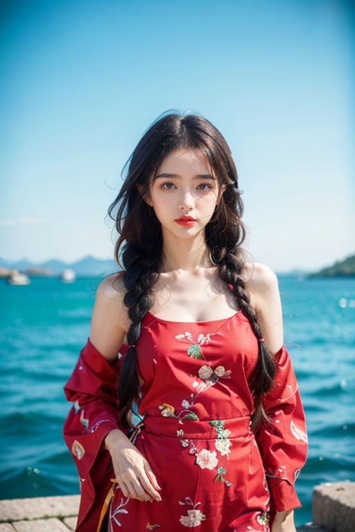 masterpiece,ultra high res,realistic,finely detail,extremely detailed,(best quality),[masterpiece],((beautiful:0.75) cute girl:0.75),(EOS R8,50mm,F1.2,8K,RAW photo:1.2),Professional,ultra-fine painting,(braids hair:1.3),standing,outdoors,(front:1.3),cloud,sky,seaside background,hand on hip, <lora:add_detail:0.6>, <lora:Special clothes33:0.75> chinese clothes,cleavage cutout,lipstick,red_lips,makeup,lips,