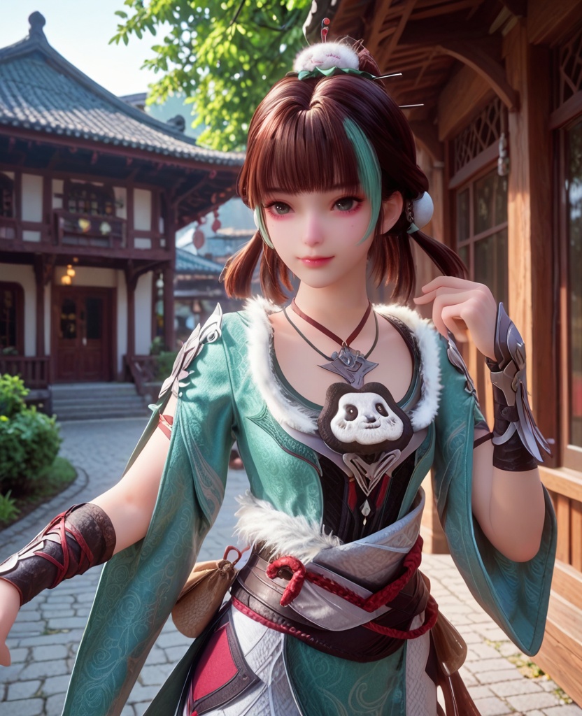 (oriental architecture, elegant decor, sophisticated style:1.1),(Gazing over a raised shoulder, a hint of a smile on her lips, she emanates coyness and playful allure:1.1),(breasts:1.2),<lora:XL宗门卧底苏灵儿:0.95>,miss sulinger,streaked hair,bun cover,green eyes,green topwear,bangs,pelvic curtain,necklace,brown hair,wrist guards,sash,stretch cropped pants,fart curtain,fur trim,, score_9,score_8_up,score_7_up,score_6_up,score_5_up,score_4_up,3d rendering,tag1,tag2, Cinematic Lighting,backlighting,