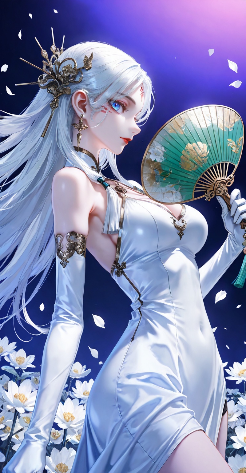 <lora:小白·直发ill-0.0801:0.6>,xiaobai,1girl,solo,facial mark,long hair,white hair,forehead mark,looking at viewer,lips,red lips,blue eyes,large breasts,1girl,Side profile character,solo,the West_dress,elbow_gloves,white dress,(halter_dress:1.1),(Green fan:1.3),solo,jewelry,ribbon,looking at viewer,hair ornament,breasts,holding_fan,petals,earrings,closed mouth,tress ribbon,many white flower,Her eyes gleamed with a purple light,chinese clothes,close-up details,outstanding style,adding a touch of dimension to your images without compromising details,whirls of vapor,iridescent textures,(Anime:1.1),ethereal ambiance,delicate details,magical high-concept,32K UHD,sharp focus,best-quality,masterpiece,golden hour,unconventional supreme masterpiece,masterful details,temperate atmosphere,with a high-end texture,in the style of fashion photography,photography,cover,dynamic angle,dynamic posture,(artist:quasarcake:0.8),extreme aesthetic,(wlop:0.6),(honjou raita, lack, rella:0.5, wanke),masterpiece,best quality,good quality,very aesthetic,absurdres,visual impact,a shot with tension,ultra-high resolution,32K UHD,sharp focus,best-quality,masterpiece,emotionalization,unconventional supreme masterpiece,masterful details,temperate atmosphere,with a high-end texture,in the style of fashion photography,(visual impact:1.2),giving the poster a dynamic and visually striking appearance,impactful picture,official art,colorful,splash of color,movie perspective,masterpiece,best quality,amazing quality,very aesthetic,absurdres,best quality,newest,