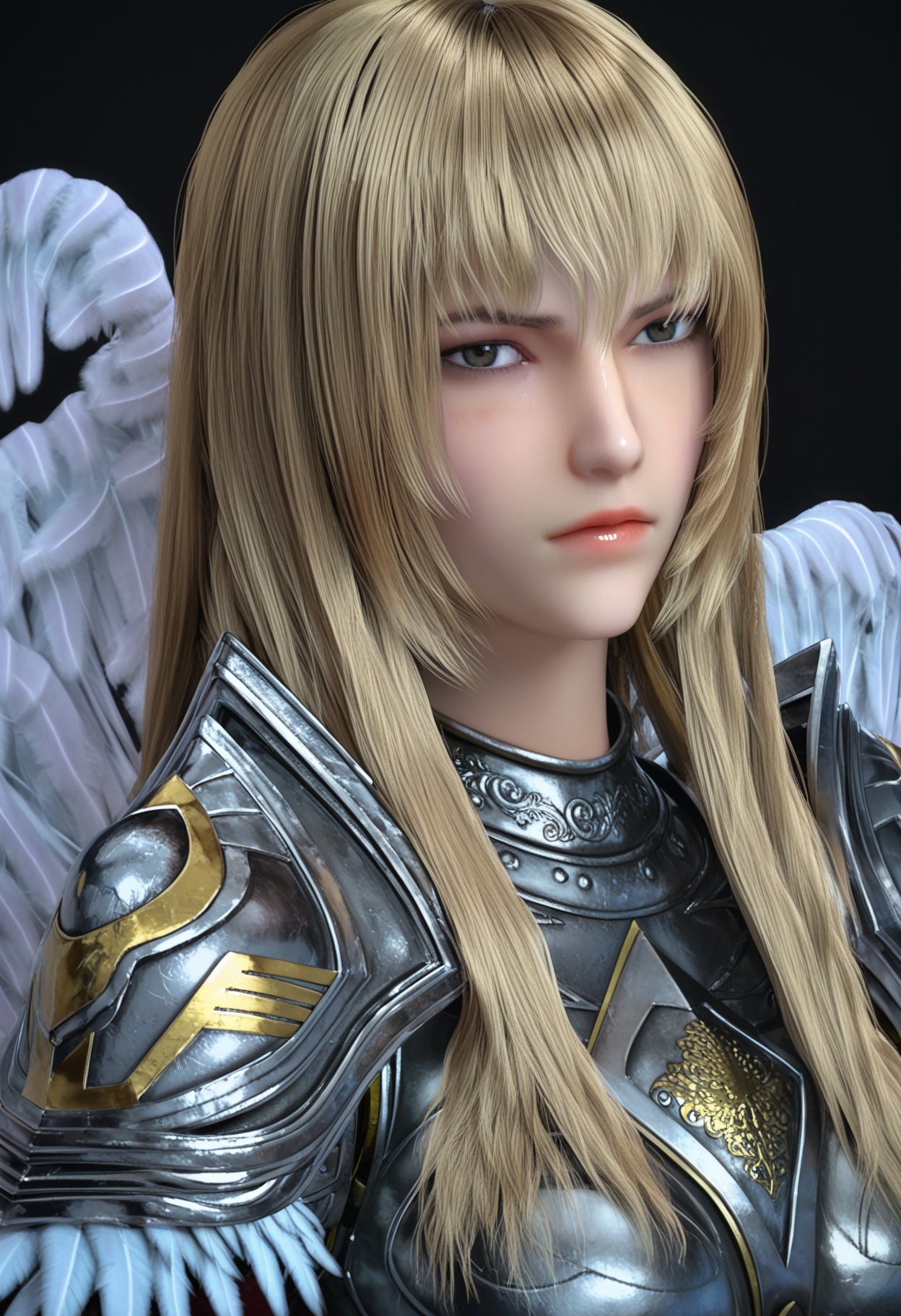 (upper_body:1.2),(score_9:1.2),(score_8_up:1.2),(top quality, 8k wallpaper:1.1),(masterpiece:1.1),(best quality:1.2),(intricate details),8k,1girl,facing viewer,(looking at viewer:1.1),<lora:YQ_pony_tianshiyan_mianbuzengqian_V5:0.95:lbw=1,1,1,1,1,1,1,1,1,0.8,0.8,0.1>,<lora::0.8>,q1528437228,1girl,solo,blonde hair,long hair,armor,wings,skirt,boots,BREAK(score_9:1.2),(score_8_up:1.2),masterpiece,best quality,very aesthetic,perfect anatomy,(hourglass),perfect face,(simple background,pure black background,black background:1.1),fair_skin,(shiny_skin:1.1),Ivory_skin,