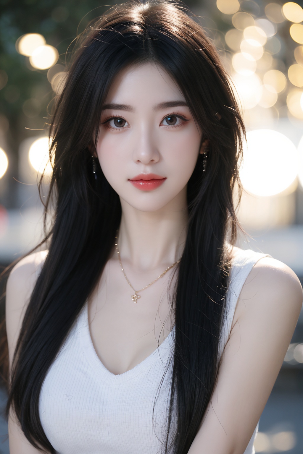 1girl, black hair, blurry, blurry background, bokeh, depth of field, jewelry, lens flare, lips, long hair, looking at viewer, necklace, outdoors, sleeveless, solo <lora:美女:0.8>