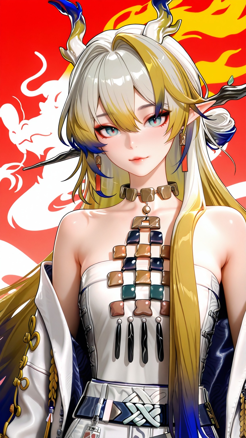 masterpiece,best quality,amazing quality,<lora:3d-000029:0.8>,unreal 3DCG,looking at viewer,upper body,<lora:Shu:0.8>,shu,long hair,1girl,multicolored hair,blonde hair,pointy ears,dragon horns,