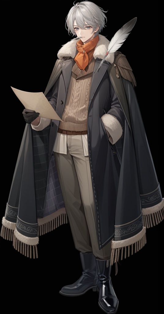 (best quality), ((masterpiece)), (highres), illustration, original, extremely detailed, <lora:GAME美学のTOP_重返未来:0.7>1boy, male focus, animal on shoulder, gloves, black gloves, white background, full body, solo, black footwear, bird on shoulder, simple background, hand in pocket, white hair, quill, standing, holding, boots, pants, grey eyes, paper, bird, fur trim, grey hair, long sleeves, coat, short hair, sweater, animal