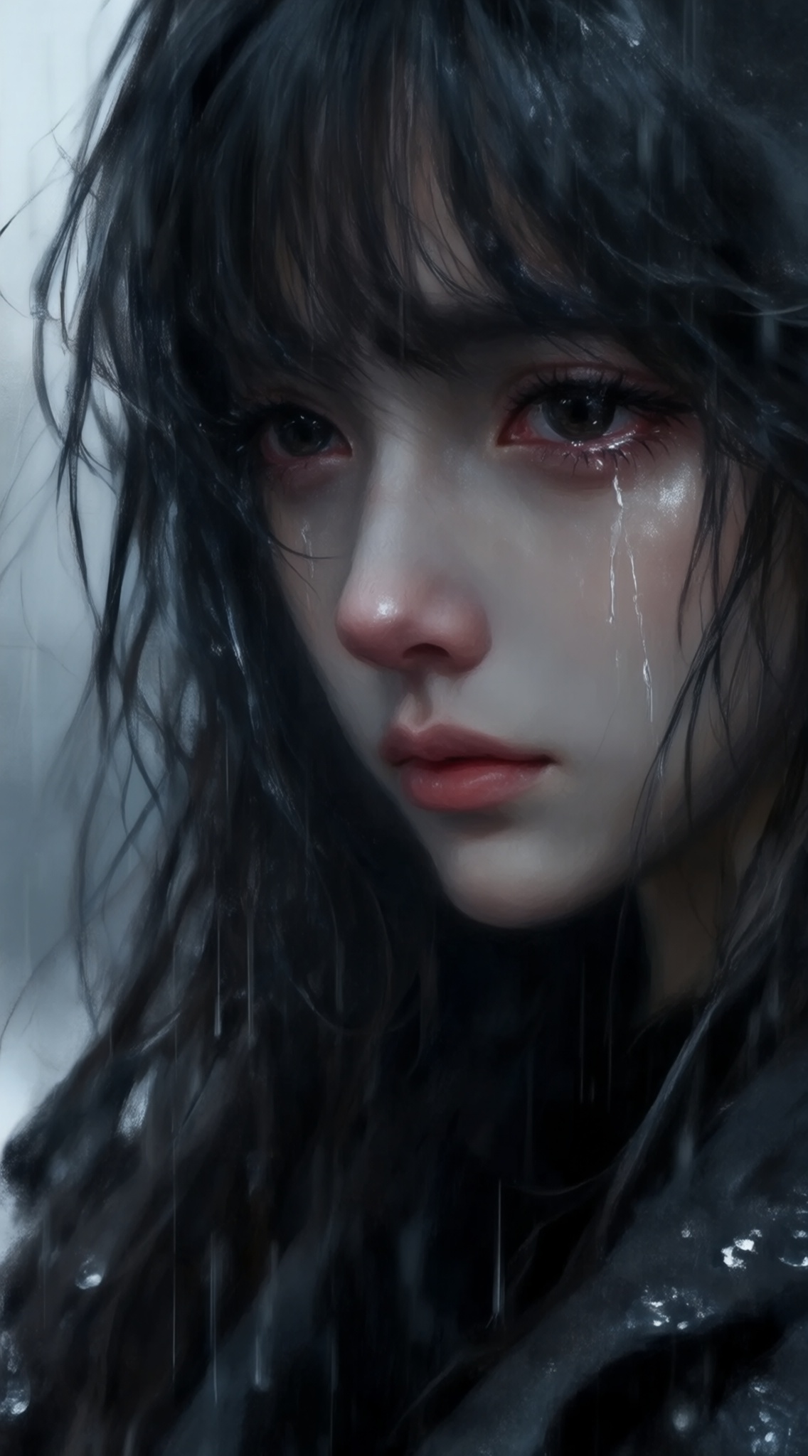 a close-up digital illustration shoot from a close up camera angle about a melancholic portrait of a young woman with long black hair,tears streaming down her face,in a moody and moody atmosphere,the image also shows raindrops on her face and a blurry background,on the middle of the image,a 1girl,who appears to be in her early twenties,with a serious expression,is facing the viewer,she has long,dark hair and is wearing a black coat,her eyes are large and expressive,with tears streaming across them,her eyelashes are long and curled,and she has a closed mouth,she is looking down,with her lips slightly parted,the lighting is soft and diffused,casting gentle shadows,the overall mood is somber and melancholic,, Negative prompt: ng_deepnegative_v1_75t,(badhandv4:1.2),EasyNegative,(worst quality:2),,nsfw, Steps: 30, Sampler: Euler, CFG scale: 4.0, Seed: 1573017009, Size: 1142x2048, Model hash: 9768b098f7, Model: ZOZ_千问大模型~超强泛化改良版_v1.0.safetensors, Denoising strength: 0, RNG: CPU, Lora 1: ZOZ_厚涂水彩~千问, Lora Hash 1: 68a42c4795, Lora Weight 1: 0.8, vae_name: automatic