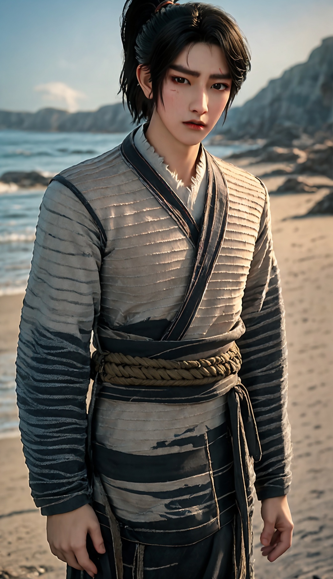 solo,blurry background,black hair,looking at viewer,realistic,outdoors,black eyes,lips,closed mouth,scar,short hair,ponytail,day,<lora:Chenpingan Boy_20240906021908:0.8>,1boy,<lora:20240601-1717253745719:0.7>,<lora:美颜lora:0.6>,old,ponytail,cowboy_shot,medium_shot,on the beach,<lora:hanfu_20231118200453:0.8>,
