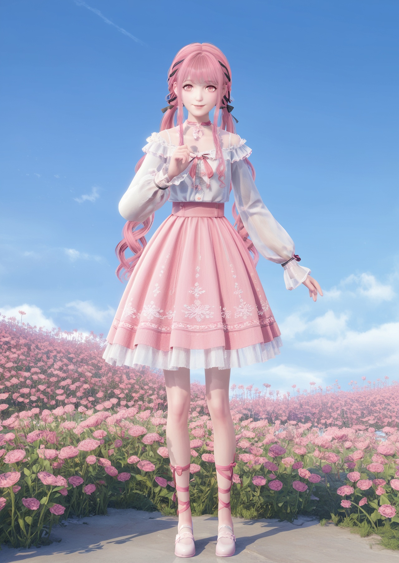 score_10,score_9,score_8_up,score_7_up,1girl,<lora:NikkiDefault_PonyV1-000004:0.5>,NikkiDefault,solo,smile,shirt,skirt,ribbon,twintails,standing,braid,choker,pink hair,long hair,pink skirt,full body,white footwear,long sleeves,hair ribbon,pink eyes,in summer,day,nature,flower field,outdoors,sky,Cirrocumulus,looking at viewer,
