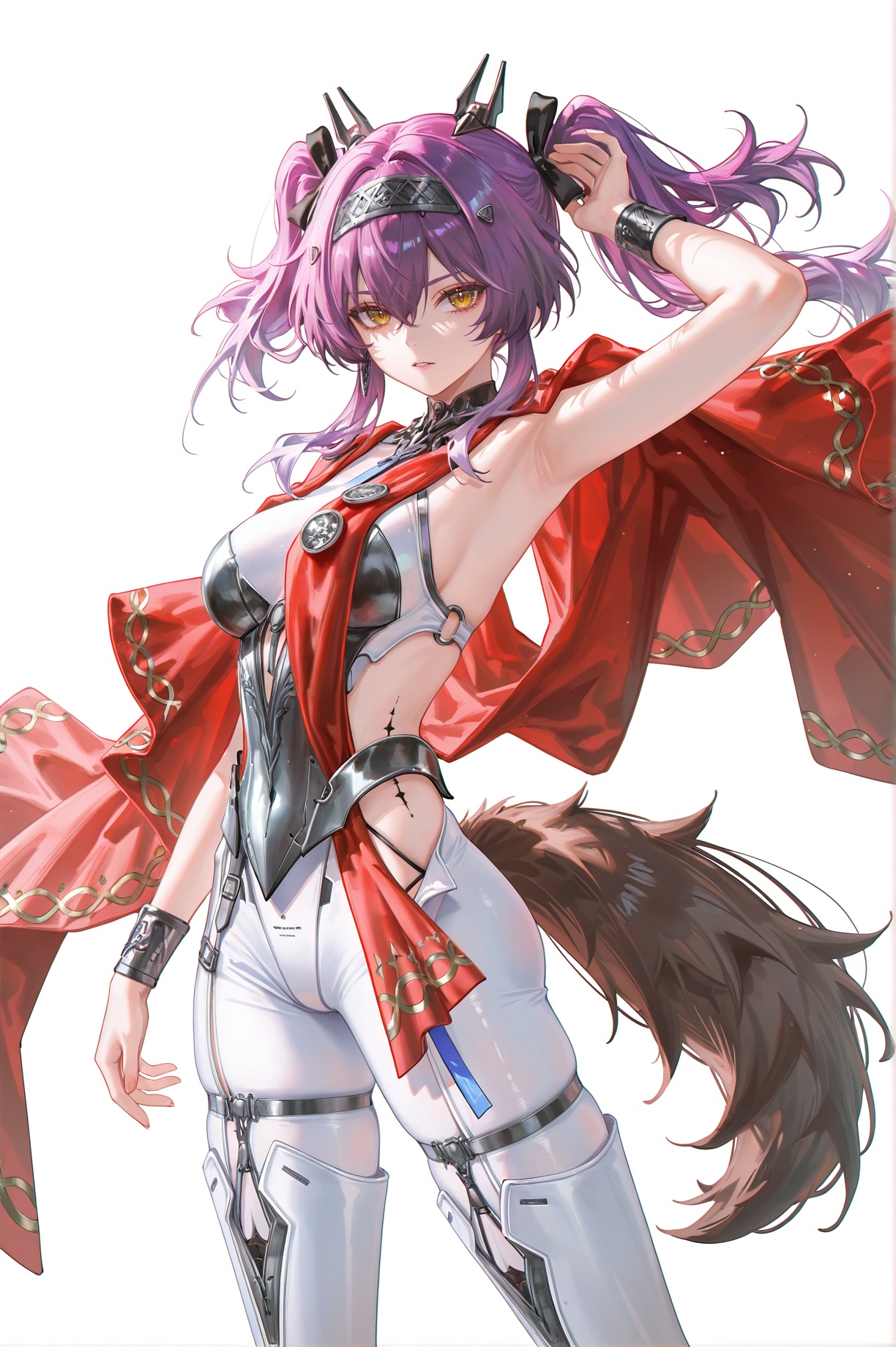 8k,best quality,masterpiece,(ultra-detailed),(high detailed skin),((artist:reoen),(artist:fuzichoco),(artist:atdan),(artist:torino_aqua),year 2024:0.8)1girl,[artist:wlop],[artist:ningen_mame],artist:ciloranko,[[artist:rhasta]],artist:tidsean,colorful,jijia,2d,ambient light,upper body,close-up,standing,looking at viewer,(solo:1.2),simple background,(white background:1.2),arm up,(white background:1.1),dynamic angle, <lora:lupawave-ill-Tanger:0.8>,lupa \(Wuthering Waves\),clothes: lupadef armed bodysuit,lupa hair ornament,waist black mark,lupadef Red Shawl,1girl,twintails,breasts,purple hair,yellow eyes,cape,thighhighs,tail,