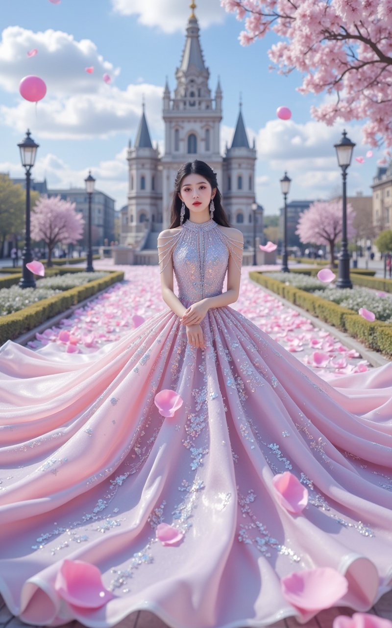 <lora:连衣裙2.2:1.2>,hunsha,a beautiful woman in a 1 sparkling sleeveless dress,black hair,long hair,blue eyes,a woman stands in a long,flowing,silver,looking_at_viewer,(front view:1.2),in the background is the 1 majestic church,stenciled_rose,white rose,pink rose,a large number of rose petals flying in the air,pink_theme,balloon,plenty of bubbles flying in the air,the blue sky,white clouds,<lora:时尚滤镜10:0.5>,