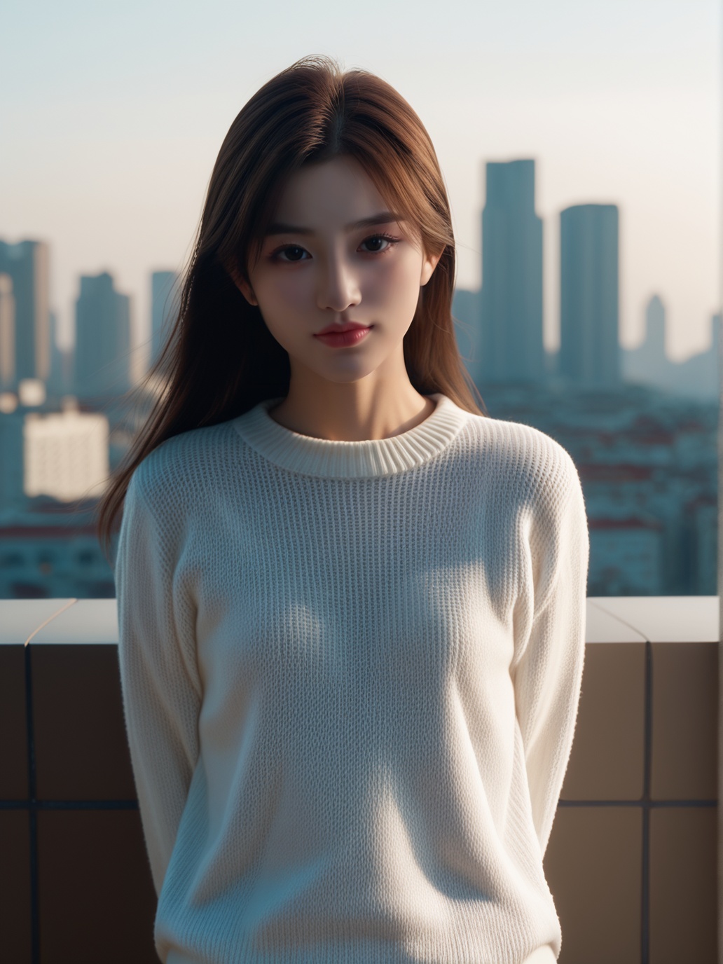 score_9,score_8_up,score_7_up,source_3d,1girl,solo,closed mouth,smile,(white sweater:1.3),arms behind back,looking at viewer,outdoors,cityscape,day,upper body,<lora:caoying:0.9>,caoying,