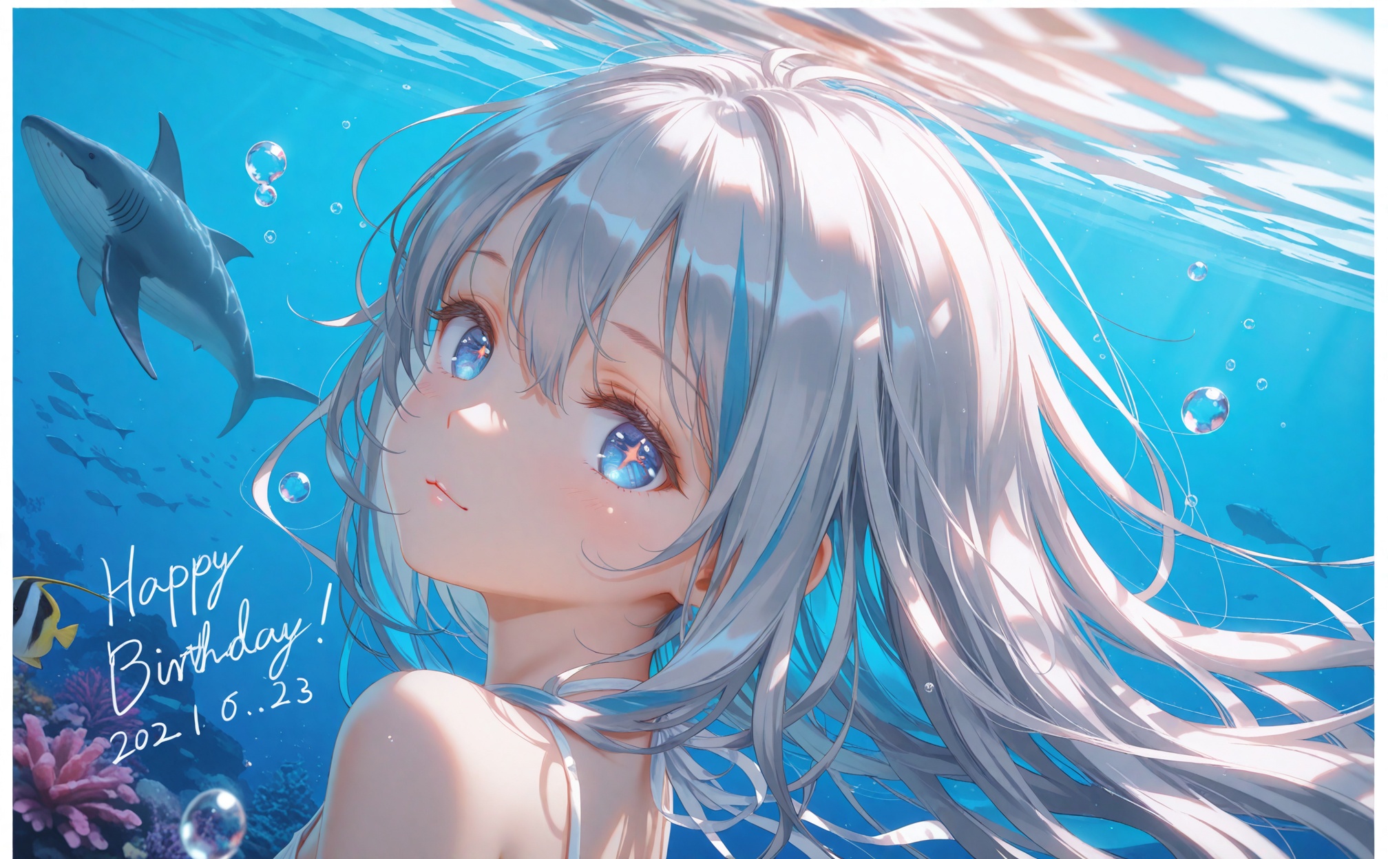 masterpiece,very aware,highres,absurdres,newest,best quality,petite,high quality,chromatic_aberration,cinematic_angle,dutch angle,//,artist:torino aqua,artist:rhasta,artist:wlop,artist:ke-ta,artist:hiten \(hitenkei\),//,1girl, solo, looking at viewer, fish, bubble, blue eyes, portrait, air bubble, underwater, long hair, white hair, parted lips, english text, close-up, dated, floating hair, border, blue theme, eye focus, white background, water, white border, closed mouth, whale, character name, tropical fish, water drop, blue hair, animal, upper body, shark, sparkling eyes, ligne claire, caustics, simple background, shadow, symbol-shaped pupils, chromatic aberration, 2021, multicolored hair, from side, expressionless, jewelry, blush, eyelashes, happy birthday, abstract, grey hair, 2023, 2020, hair between eyes, sunlight, smile