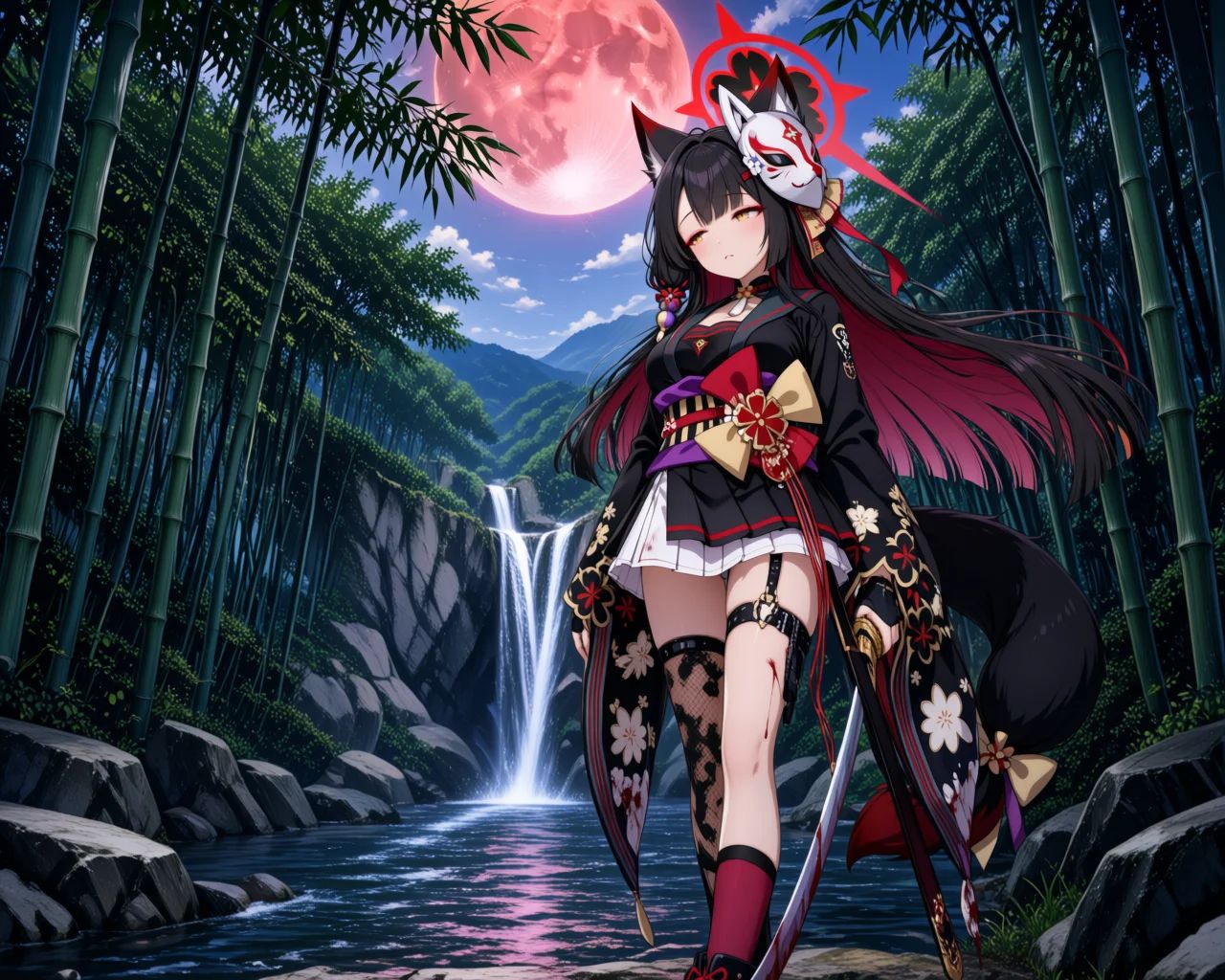 A bamboo grove with a waterfall and a flowing river.1girl,  wakamo \(blue archive\),  mask on head on Tensor.Art