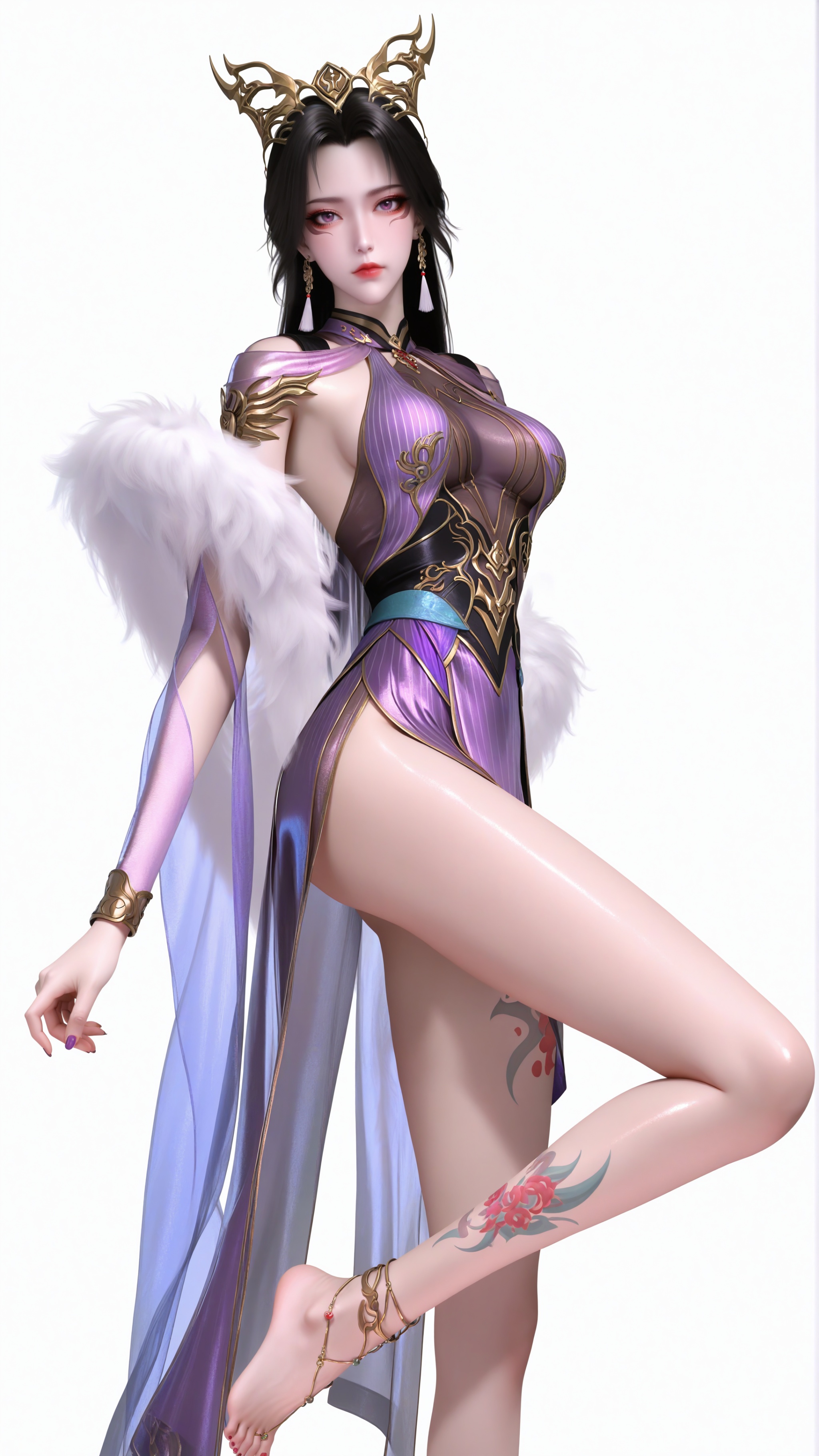 <lora:Janus-司妙玲-百炼成神-让AI变的更性感ILV2:0.7>,Janus,1girl,solo,long hair,black hair,hair ornament,dress,purple dress,jewelry,earrings,tassel,tassel earrings,bracelet,anklet,toe ring,barefoot,barefoot sandals,nail polish,toenail polish,feet,toes,long_legs,legs,breasts,facial mark,piercing,forehead,lips,eyelashes,eyeshadow,makeup,eyes,purple eyes,looking at viewer,expressionless,closed mouth,fur trim,shiny,tattoo,leg tattoo,light,white_background,simple background,, realistic, masterpiece, best quality, absurdres, highres, amazing quality, very aesthetic, newest, absurdres, highres, highly detailed, very aesthetic,