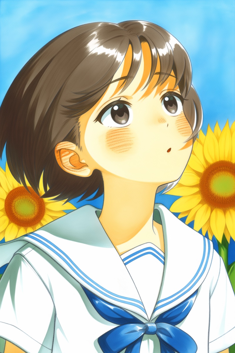 @nnsst,  The image depicts a young girl with short brown hair looking upwards with wide eyes. She wears a white sailor-sty...