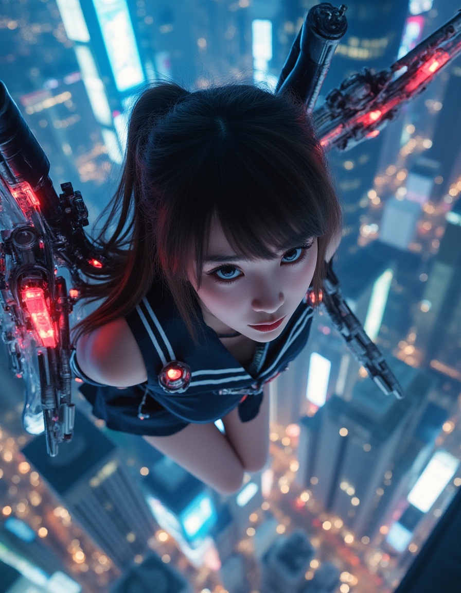 Ultra-realistic Japanese high school girl (JK), cute and slightly sexy, wearing a stylish modified school uniform, fierce demon-like expression, part-cybernetic body, with high-tech mechanical wings and advanced sci-fi weapons attached to her arms and back, glowing mechanical parts, realistic skin textures, flying high above a futuristic cyberpunk city at night, surrounded by neon lights, illuminated skyscrapers, light reflections on glass buildings, cinematic lighting, highly detailed, sharp focus, 8K resolution, photorealism, epic and dramatic atmosphere"