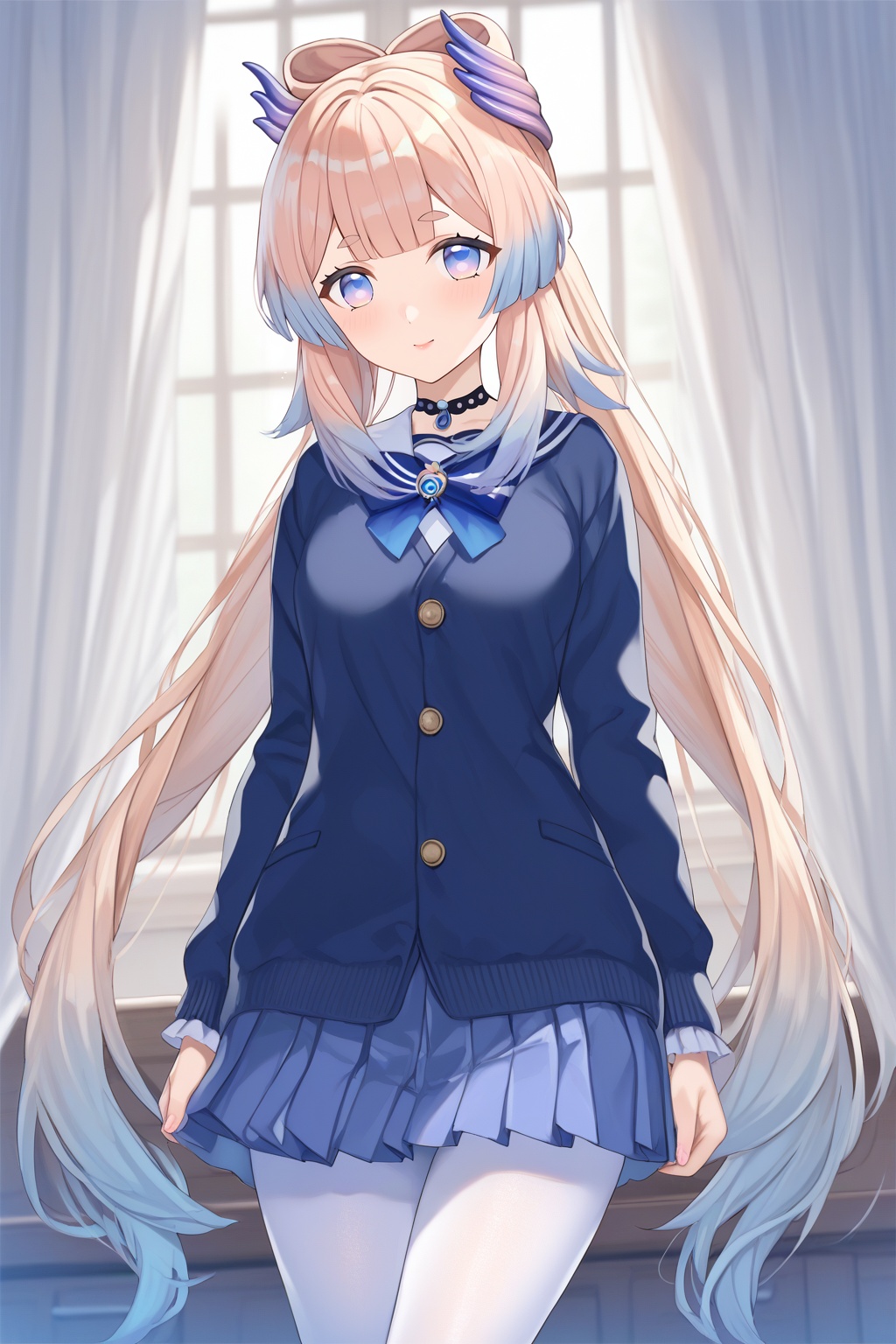 score_9,score_8_up,score_7_up,score_6_up,score_5_up,score_4_up,source_anime,source_cartoon,<lora:Sangonomiya KokomiTuPONYXL-000001:1>,sangonomiya kokomi,hair ornament,white pantyhose,long hair,school uniform, standing